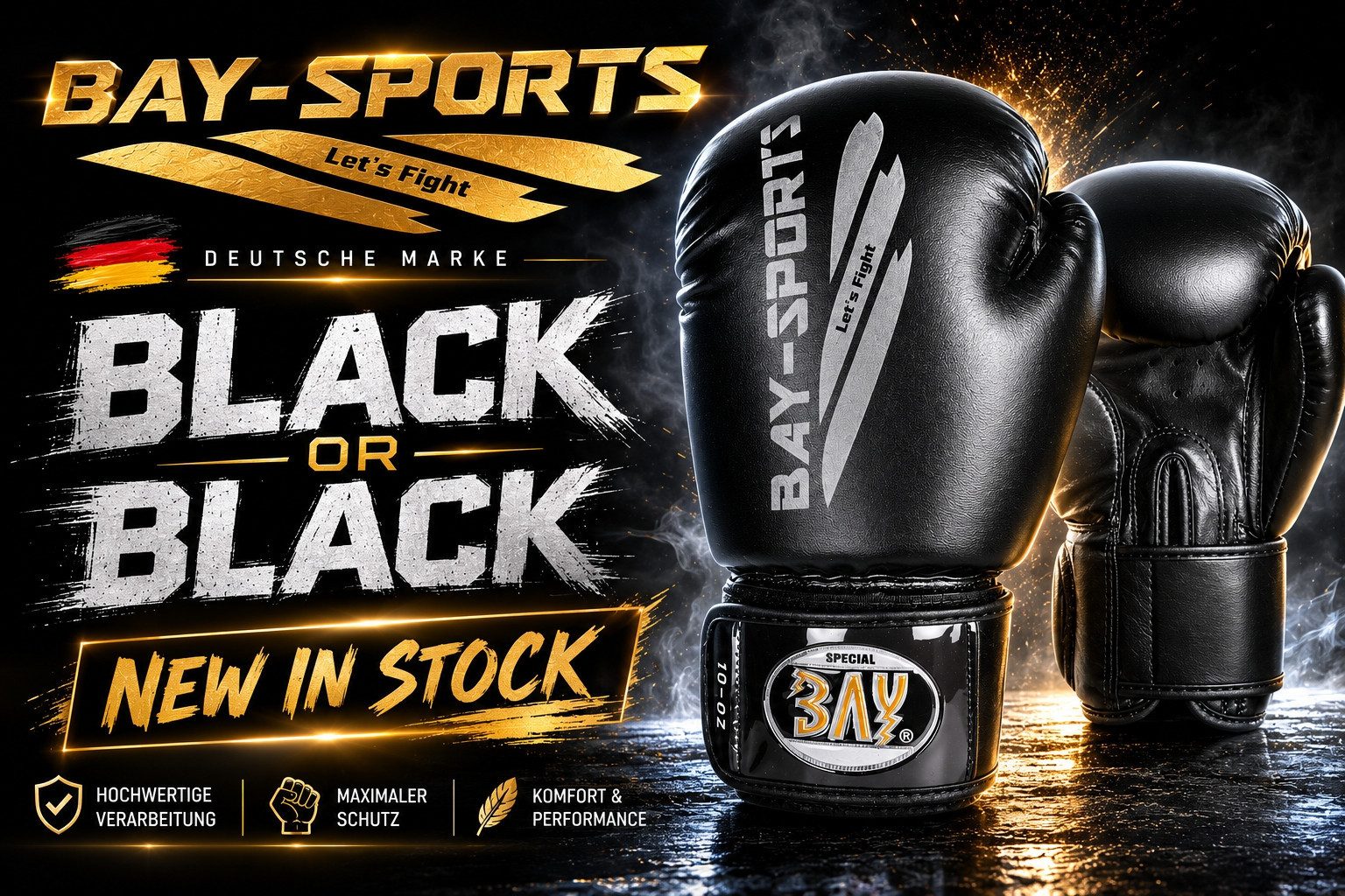 BAY-Sports Boxhandschuhe Black ore Black Box-Handschuhe schwarz grau Boxen Kickboxen Thaiboxen (Paar), Tolle Farbkombination, 8, 10, 12, 14 Unzen, Training und Wettkampf