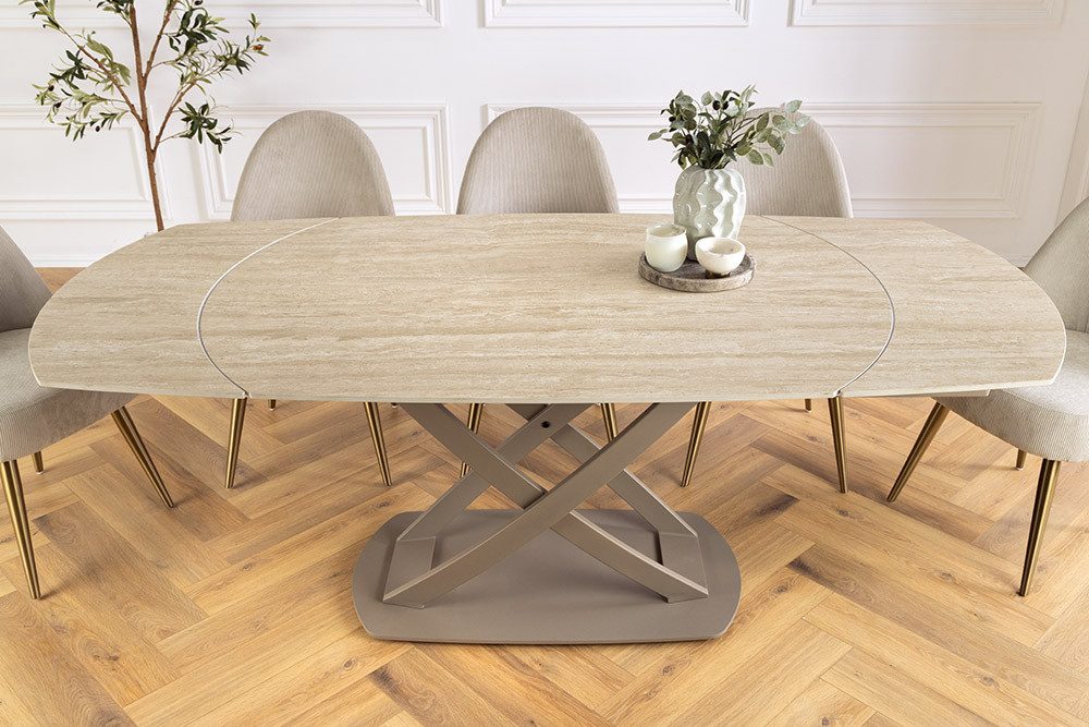riess-ambiente Esstisch INCEPTION 130-190cm natur – oval, Keramik, Travertin, Metall (Einzelartikel, 1-St), ausziehbare Platte für 6–8 Personen – ideal für Esszimmer oder Küche