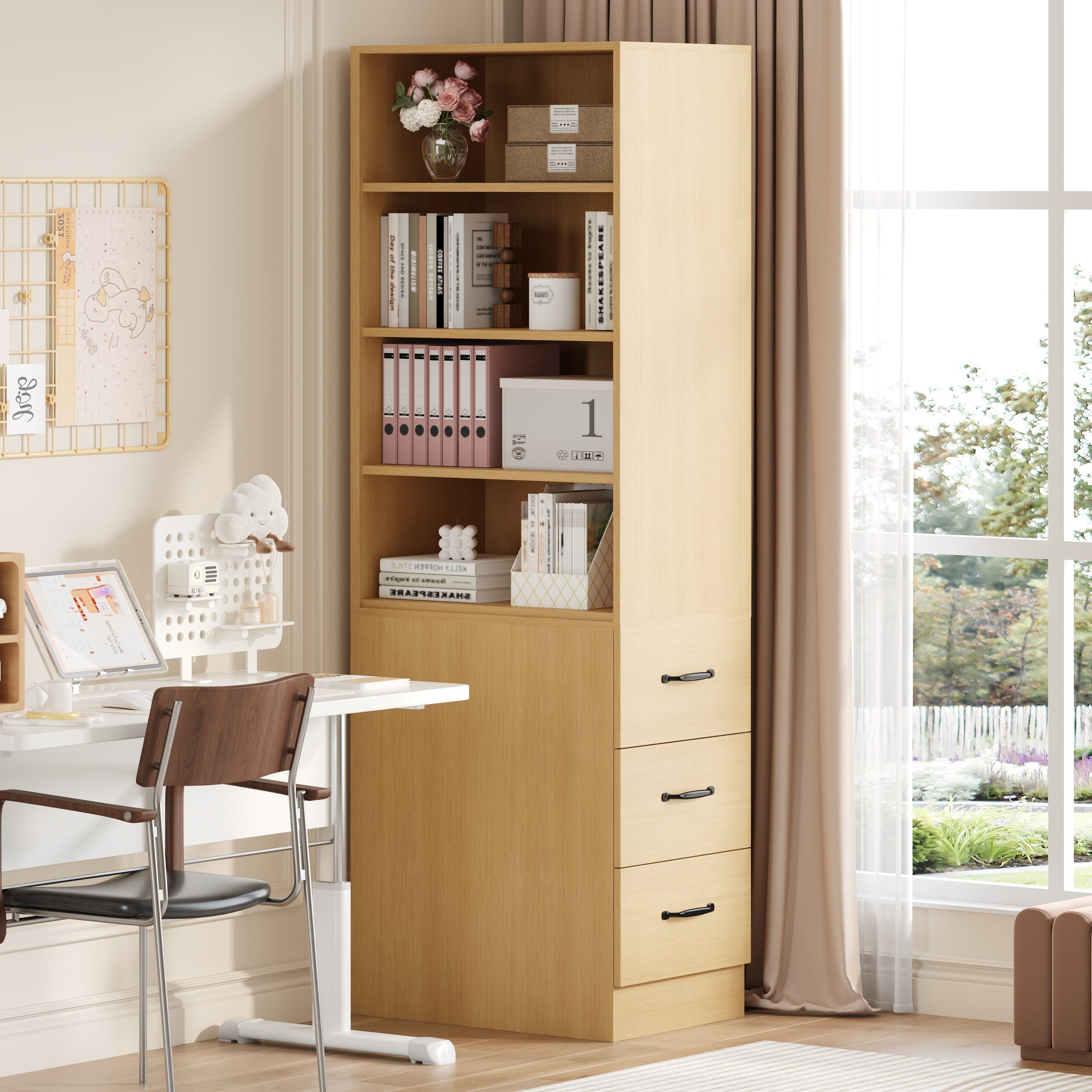 Flieks Bücherregal mit seitlichen Schubladen, links und rechts austauschbar, B60/T38/H180 cm 1-tlg., Hochschrank mit verstellbaren Einlegeböden Wohnzimmerschrank Natur