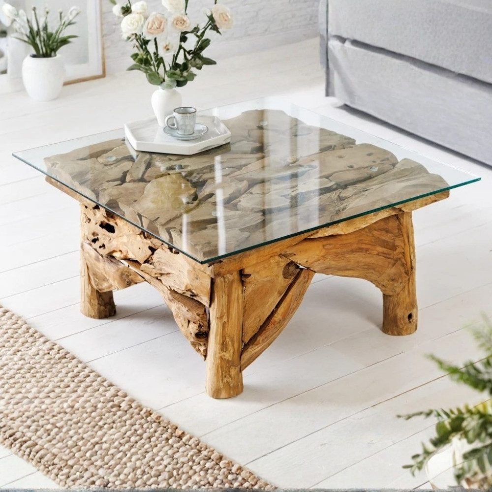 LebensWohnArt Couchtisch Handgefertigter Teak Couchtisch SEASIDE 60x60cm Unikat