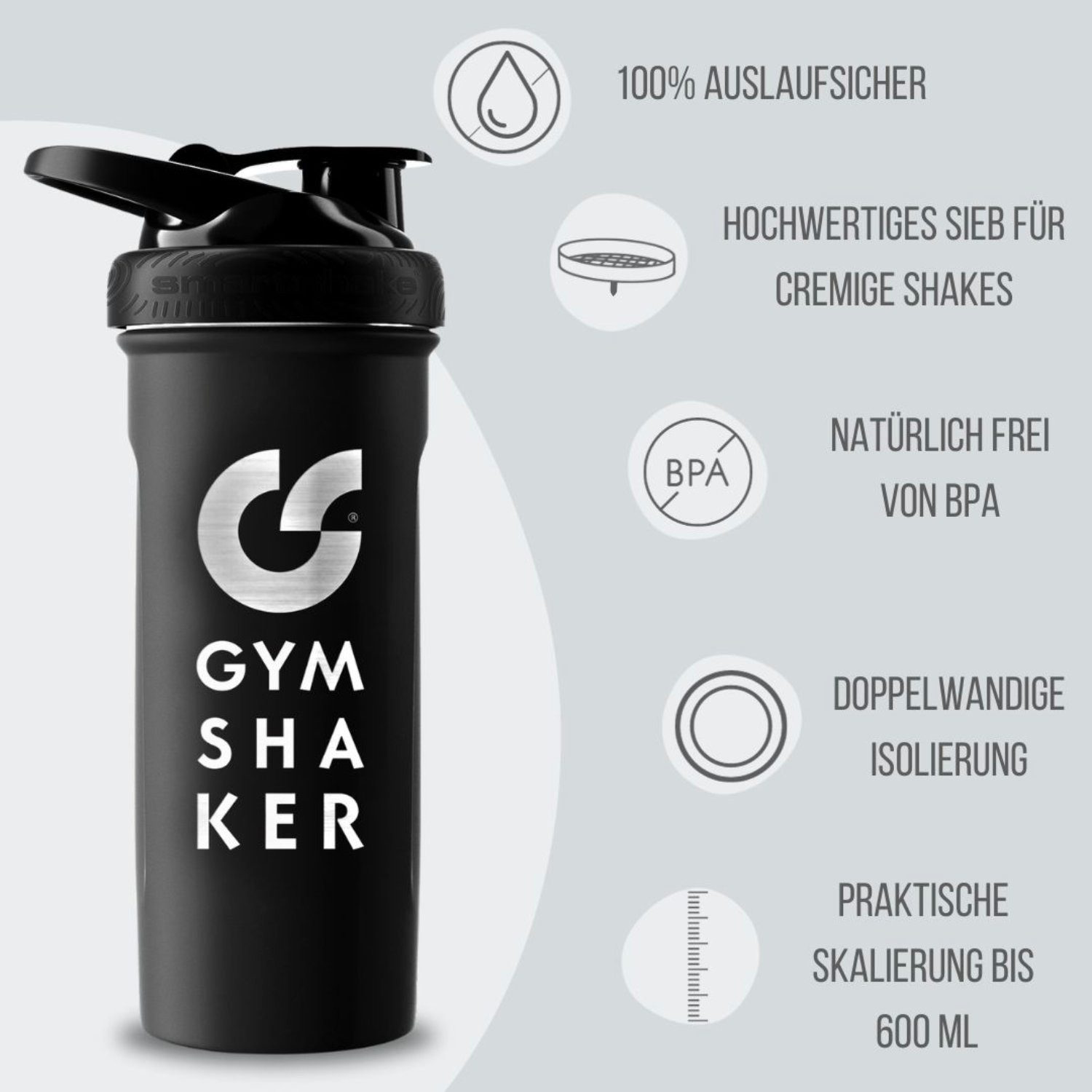 GYMSHAKER Protein Shaker Edelstahl 24h kalte Getränke Thermoflasche für kühle Shakes