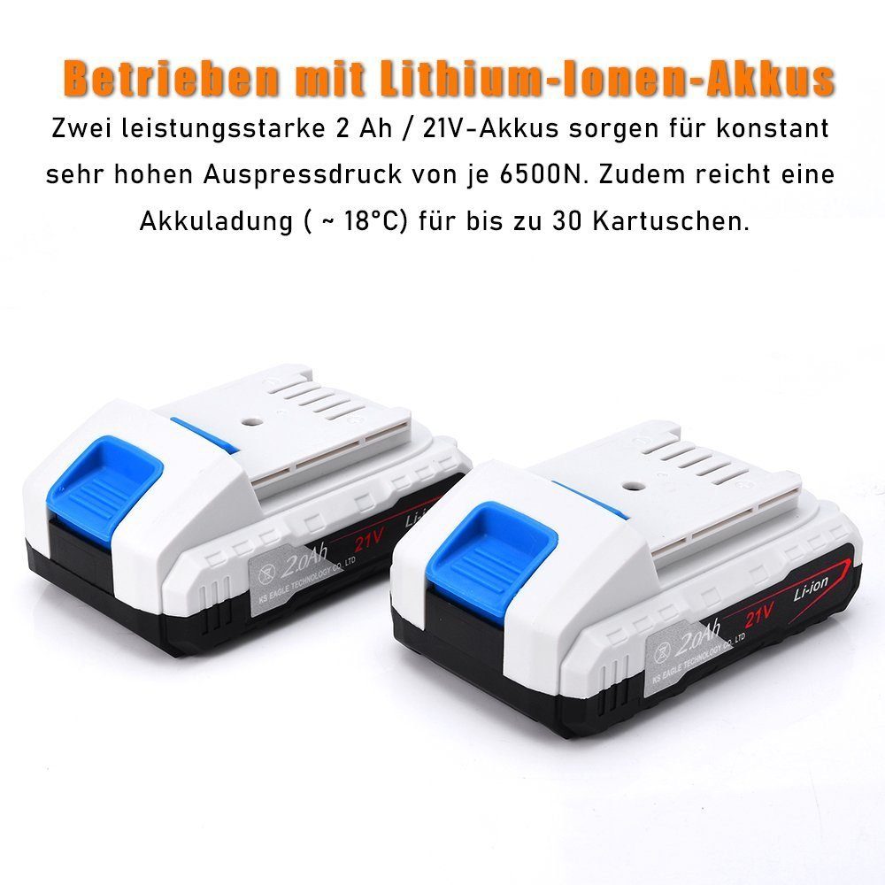 XERSEK Akku-Kartuschenpistole 21V Akku Kartuschenpresse Schlauchpresse 6500N Silikonpresse, 310ml, 2x Li-ion-Akku+1x Ladegerät Kartuschenpistole