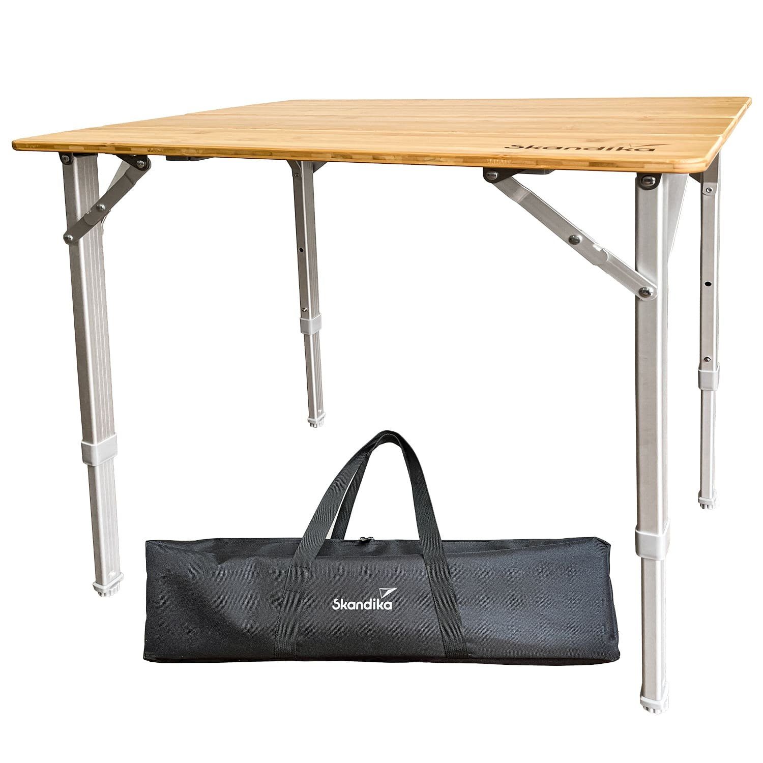 Skandika Campingtisch Tolja Bambus Falttisch mit Netzablage, 3-Fach höhenverstellbar (Netzablage (Klettbefestigung), Verstellbare Füße), Tragetasche, wetterfest, UV-beständig, Klapptisch für Garten, Balkon