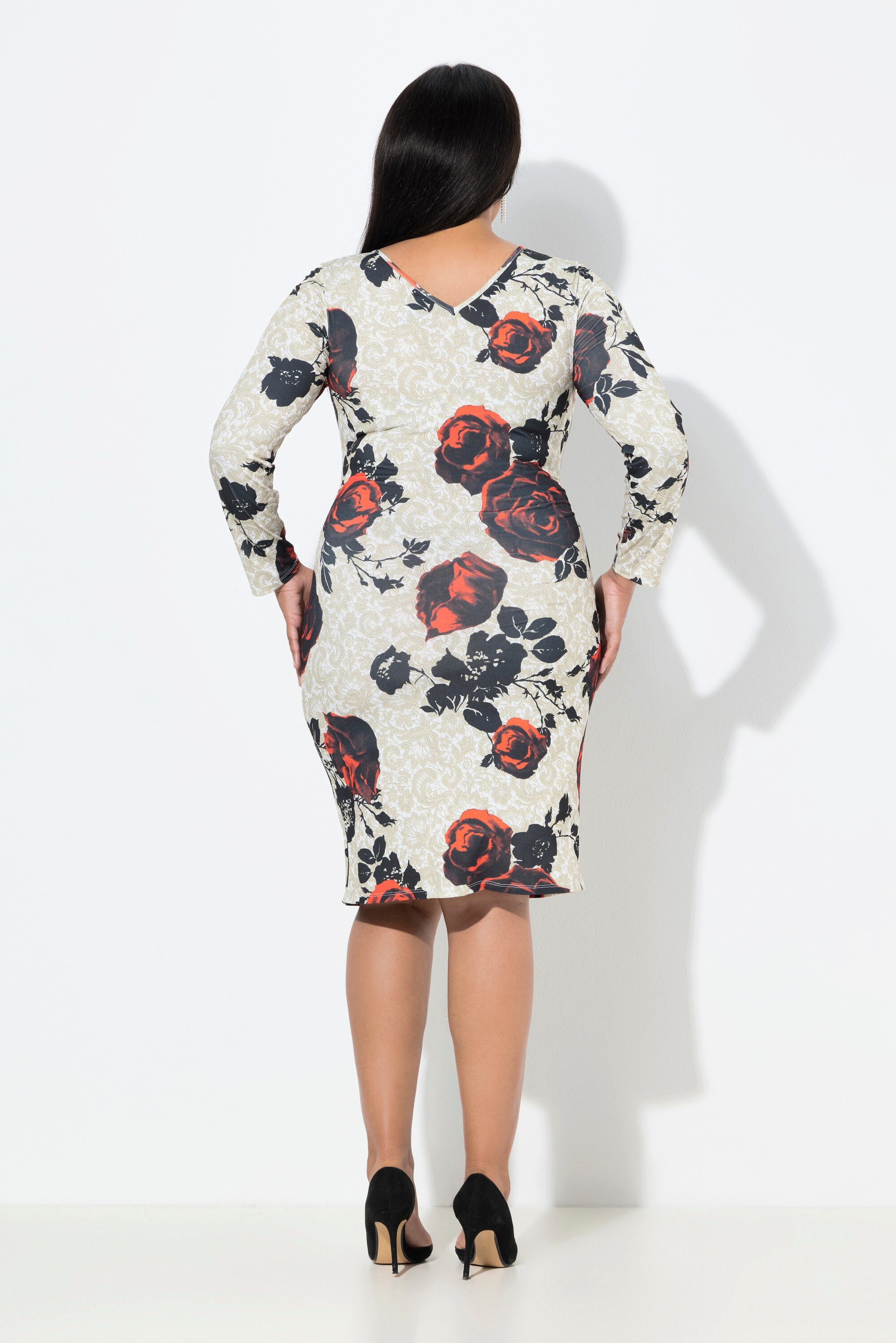 Ulla Popken Minikleid Midikleid Rosen Slim Rücken-V-Ausschnitt Langarm