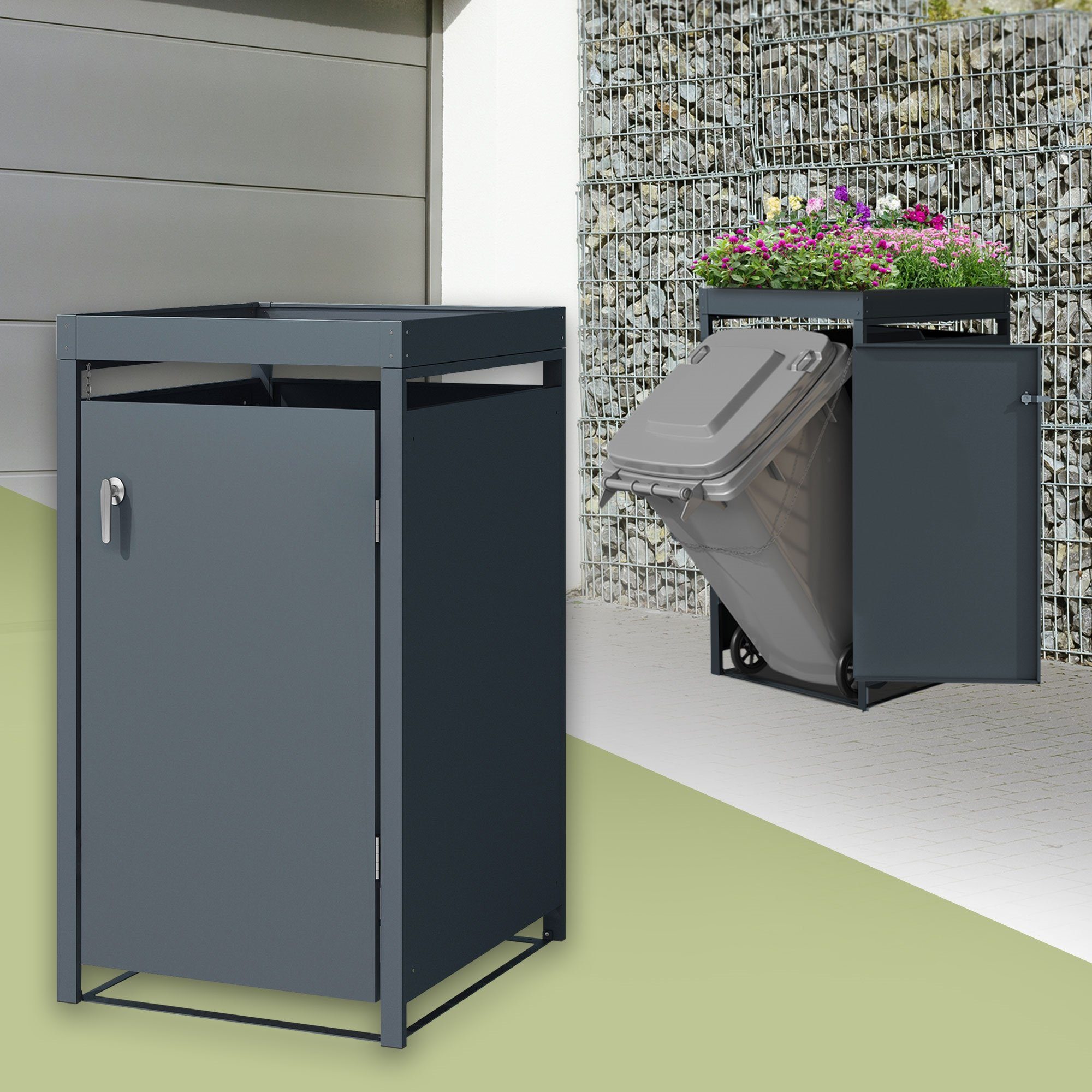ML-DESIGN Mülltonnenbox Müllbox aus Stahl wetterfest mit Klappdeckel/Tür Mülltonnecontainer, für 1 Tonne 240L 68x80x116,3cm Anthrazit mit Pflanzdach