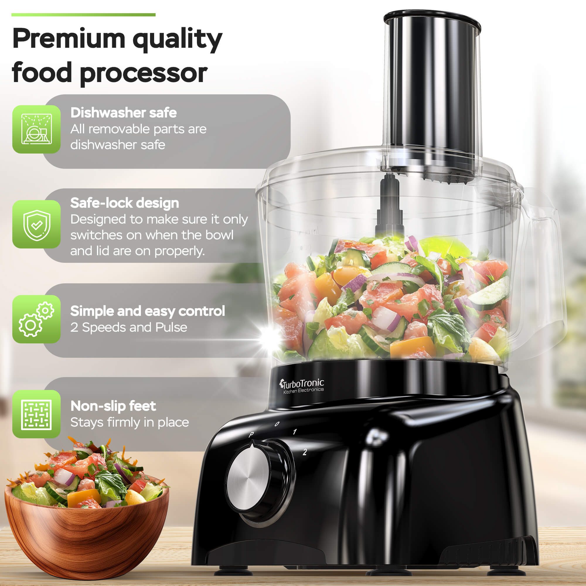 TurboTronic by Z-Line Küchenmaschine Food Processor mit Standmixer 1,5L Behälter Multizerkleinerer Mixer, 800 W, 1.2 l Schüssel, Raspelscheiben Zitruspresse Zerkleinerer Eiscrusher Power