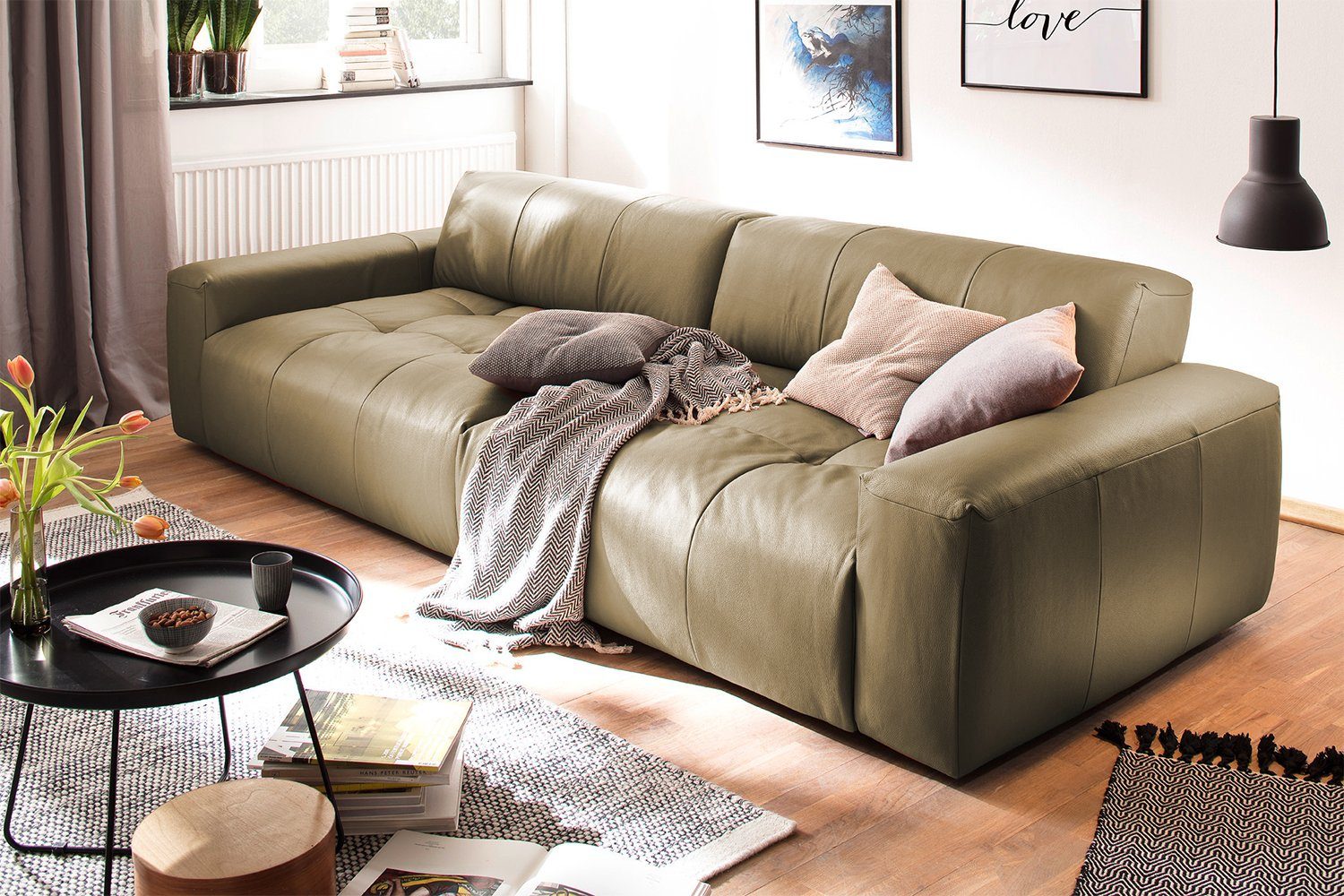 KAWOLA 3-Sitzer PALACE, Big Sofa mit Sitztiefenverstellung Leder versch. Farben oliv