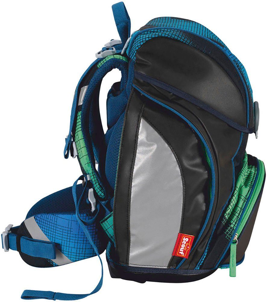 Scout Schulranzen Alpha Movie Star, mit LED-Display, Blue Pixel (Set, 4-tlg), mit Powerbank, enthält recyceltes Material