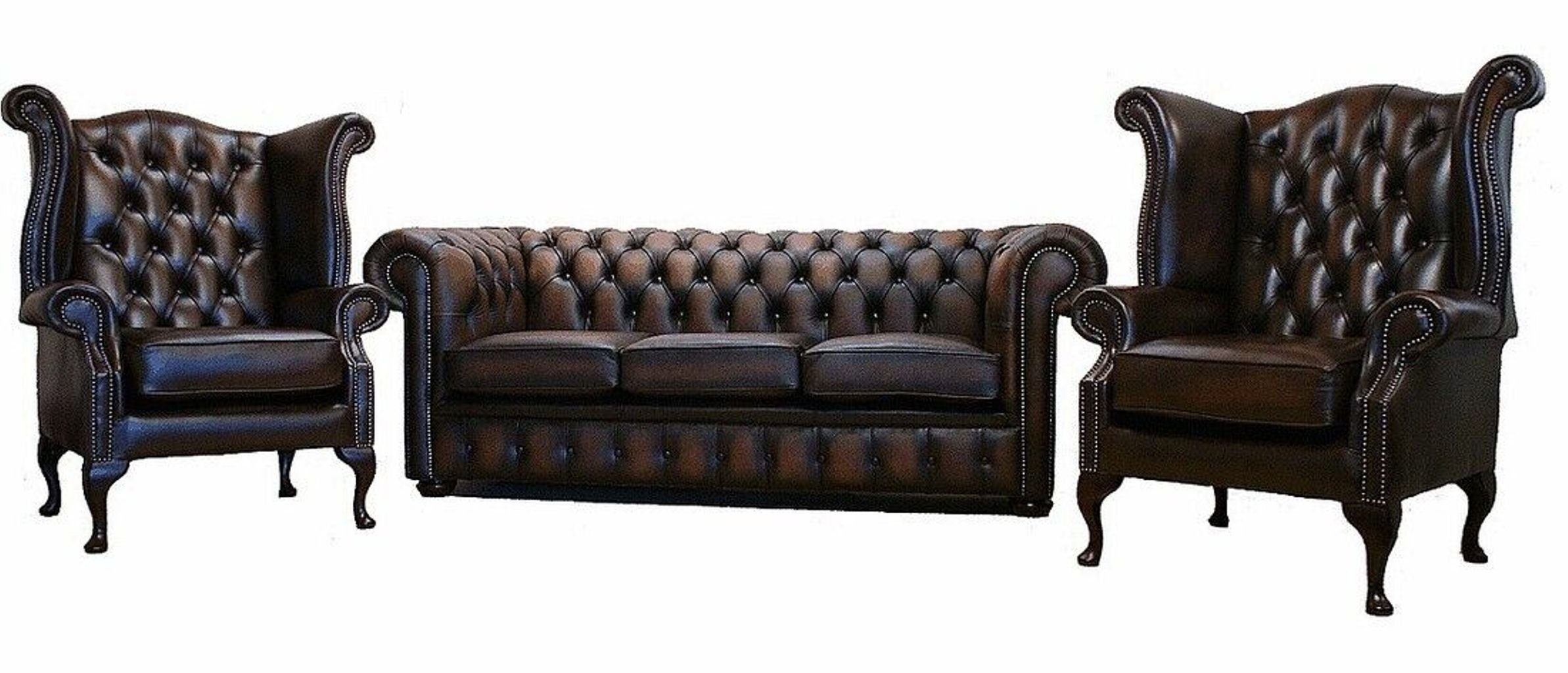 100% Made Set Sofa/2x Leder JVmoebel Europa Wohnzimmer-Set Chesterfield (3-St., in Leder 3-Sitzer Sofagarnitur Komplett Sofort, Ohrensessel),