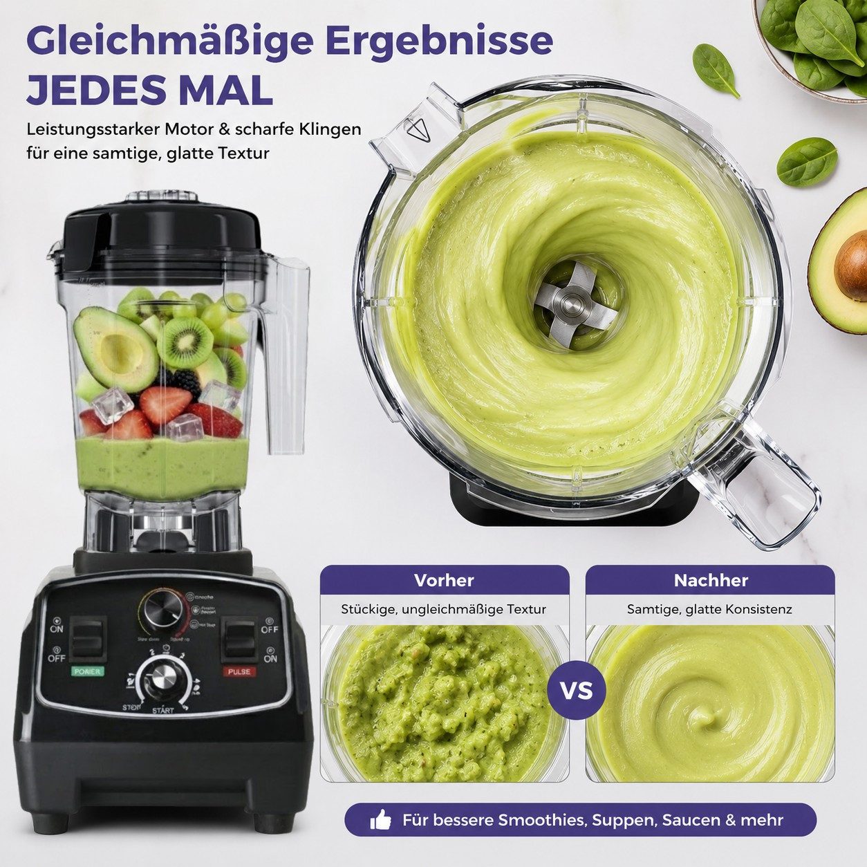 ibettertec Standmixer 2026 Neu 3000W Blender, 2 L Mixer Smoothie Maker, Shaker für Protein, 38.000 U/Min Hochleistungsmixer, mit Rührstab, Selbstreinigend, Time – Bild 4 von 5