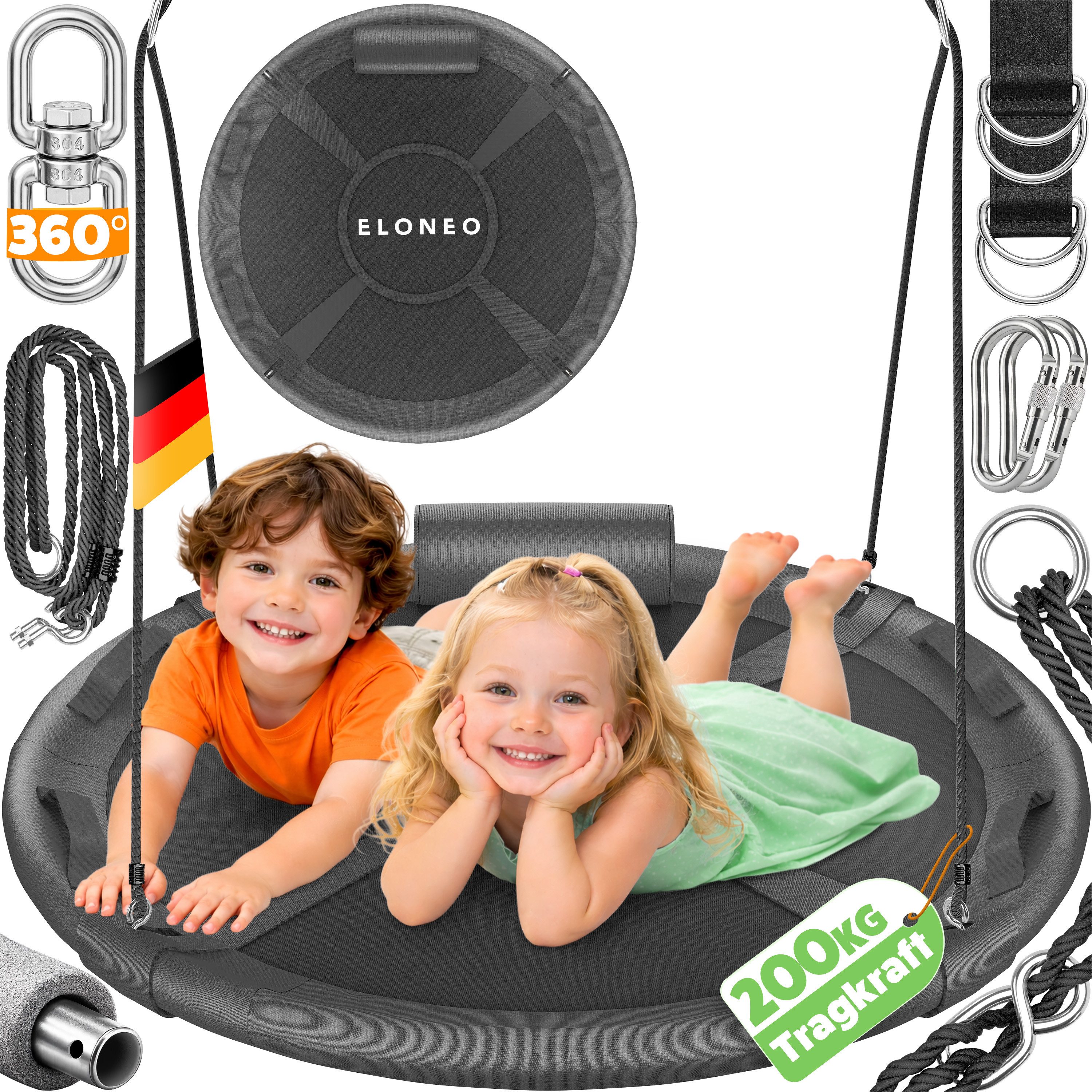 ELONEO Nestschaukel mit Kissen - Gartenschaukel bis 150 kg, inkl. 360°Haken, viel Zubehör, rundum gepolstert