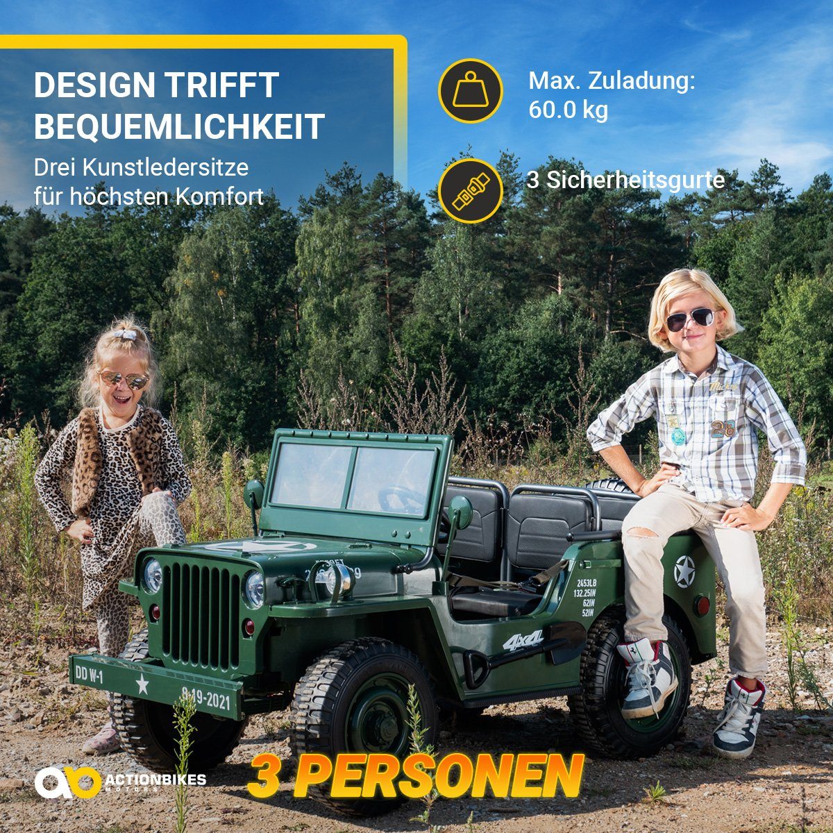 Actionbikes Motors Elektro-Kinderauto Jeep Willys - elektrisches Kinder Fahrzeug mit Fernbedienung, Belastbarkeit 60 kg, (1-tlg), Kinderelektroauto Spielzeug ab 3 Jahre - Sicherheitsgurt - USB