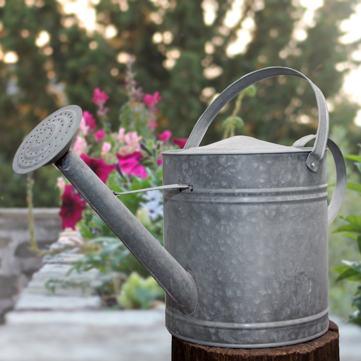 Antikas Gartenfigur Gießkanne aus Zink, XL, Silbergrau, Deko-Kanne, Blumenbeet