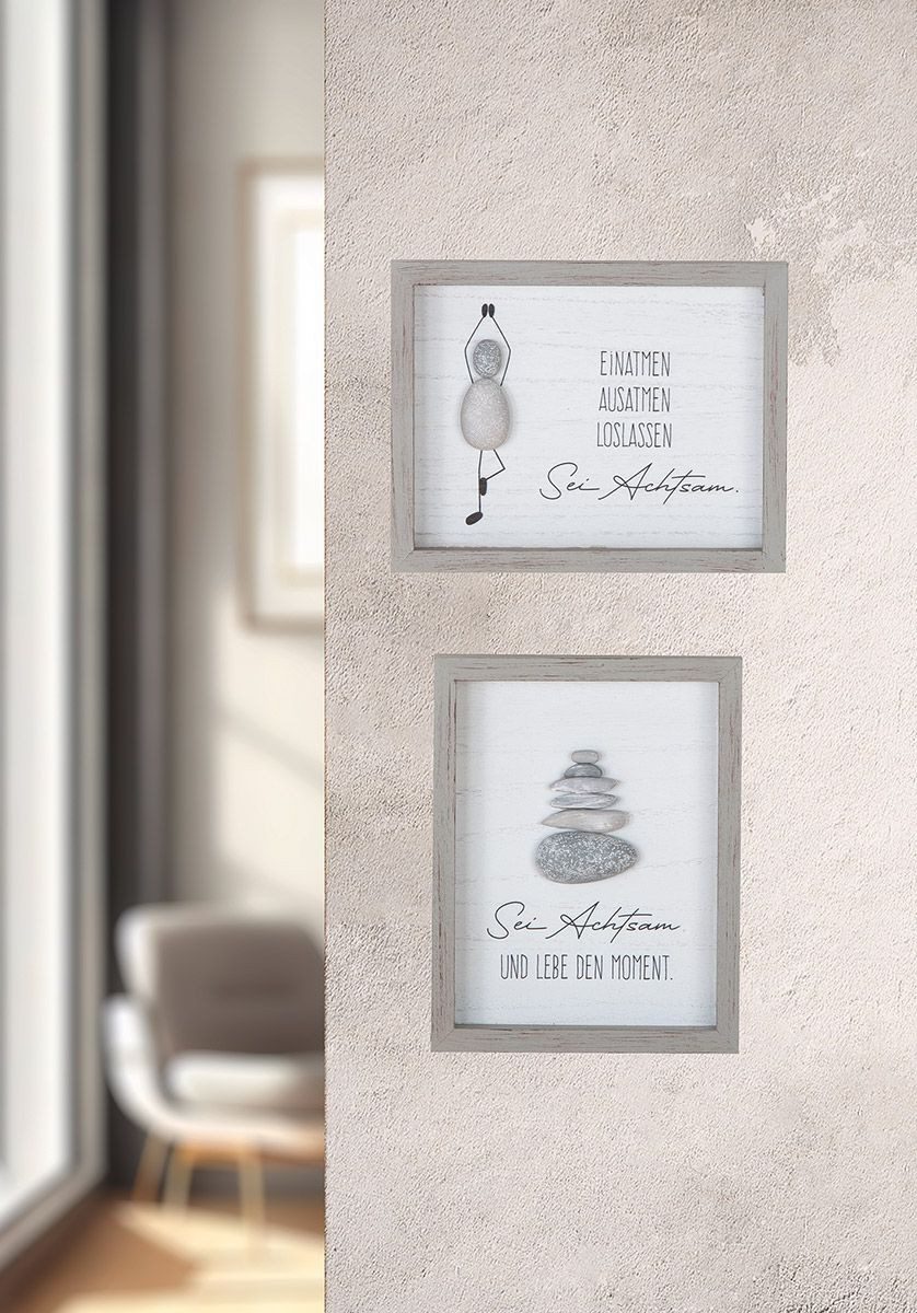 MF Wanddekoobjekt Steinbild 2er Set Achtsamkeit mit Spruch aus MDF In Grau günstig online kaufen