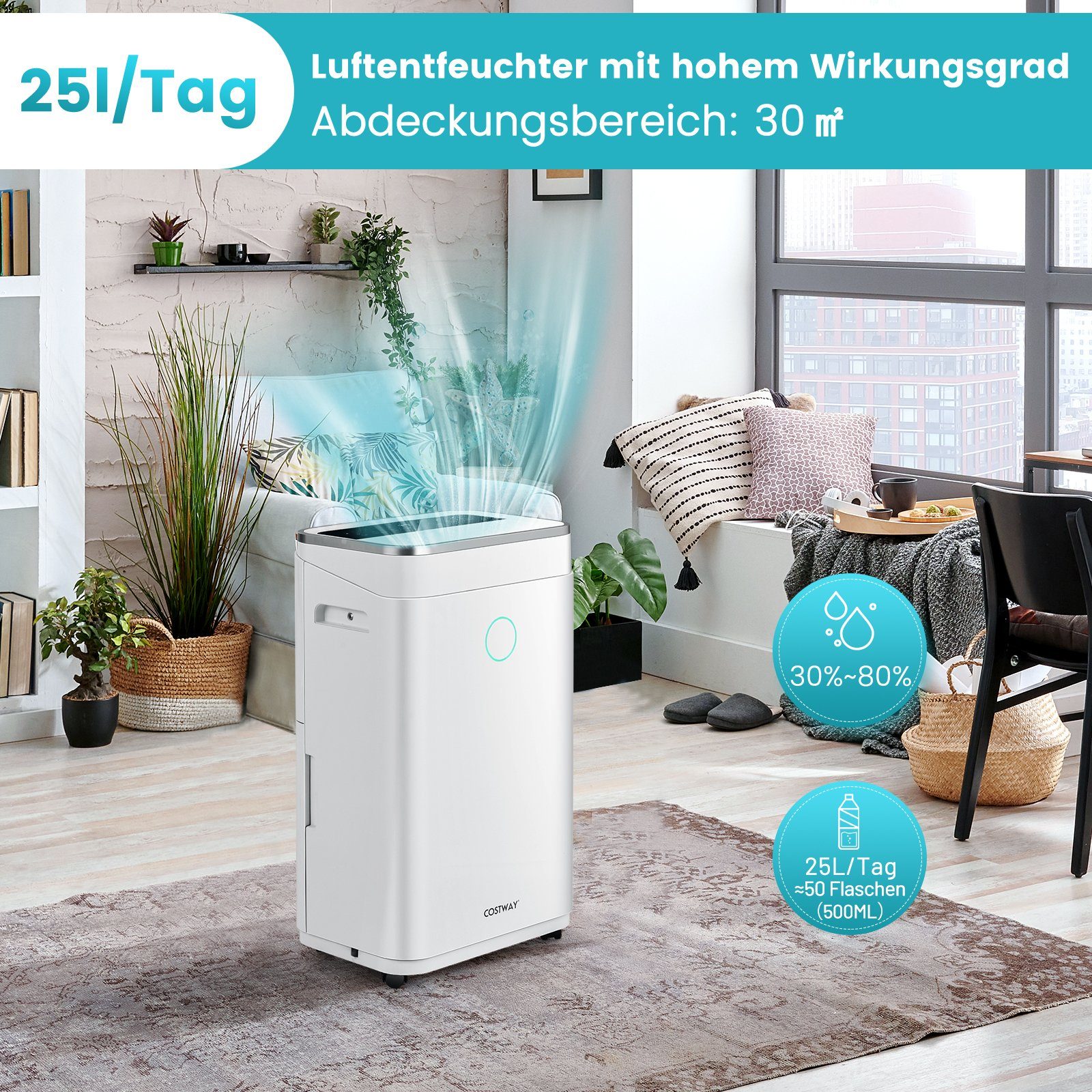 COSTWAY Luftentfeuchter, Entfeuchtung 25,00 l/Tag, Tank 6,50 l, 30m², 3 Mod günstig online kaufen