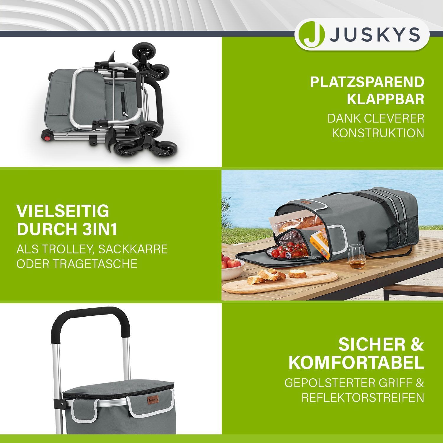 Mit 6 Rädern Treppentauglich Juskys 3in1 Einkaufstrolley – 56 Liter, Klappbar, Mit Treppenrädern | Sackkarre & Tasche In Einem Treppensteiger Trolley 56l