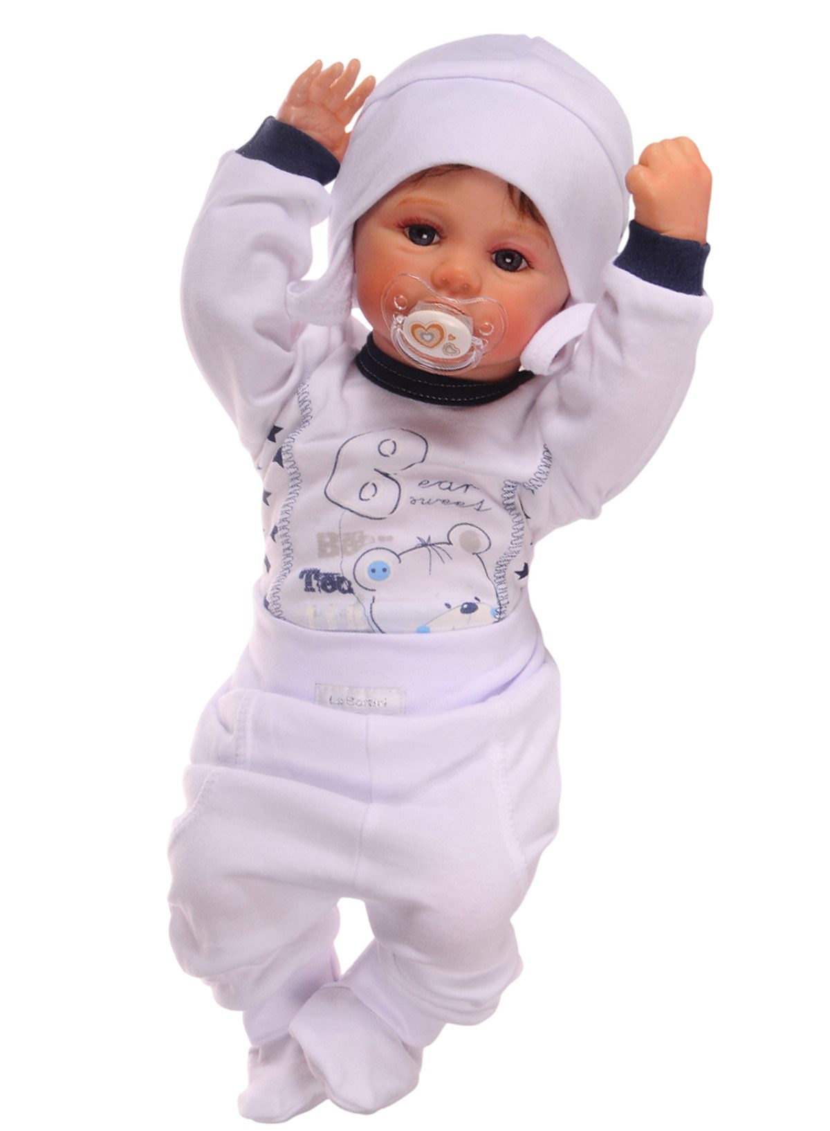 Body & Hose Baby Set Langarmbody Schlupfhose Mützechen in Weiß blau Anzug