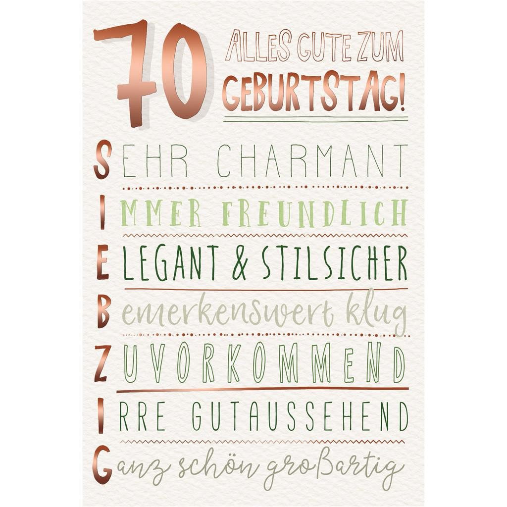 Grußkarten 70. Geburtstag - Karte mit Umschlag - Schriftkarte - mit rosegoldener