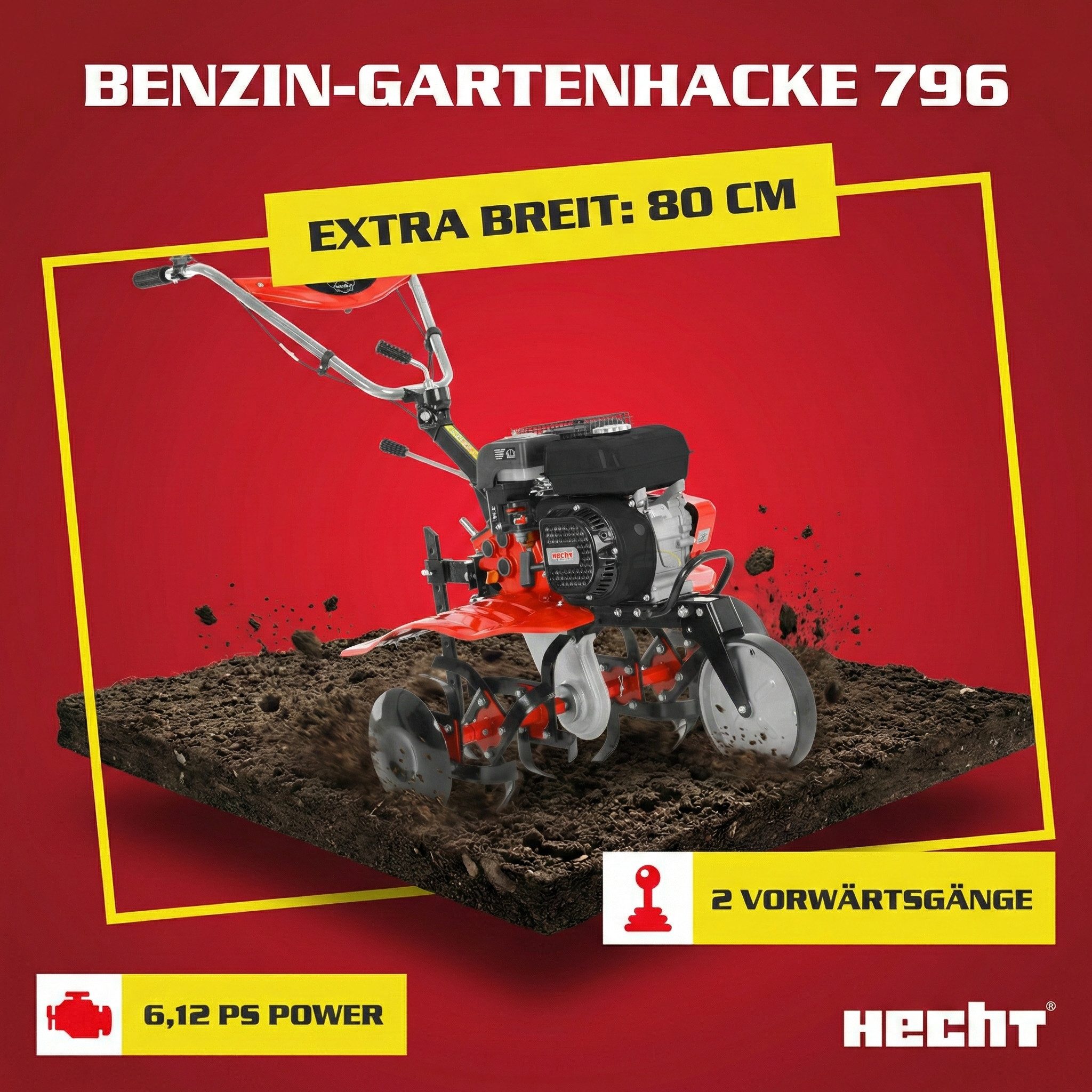 Hecht Benzinmotorhacke Gartenfräse 4,5kW 6,12PS 30cm Arbeitstiefe, 24 Messer, 80 cm Arbeitsbreite, Führungsrad, Tiefenmesser, Stahlgehäuse, Radsatz kompatibel