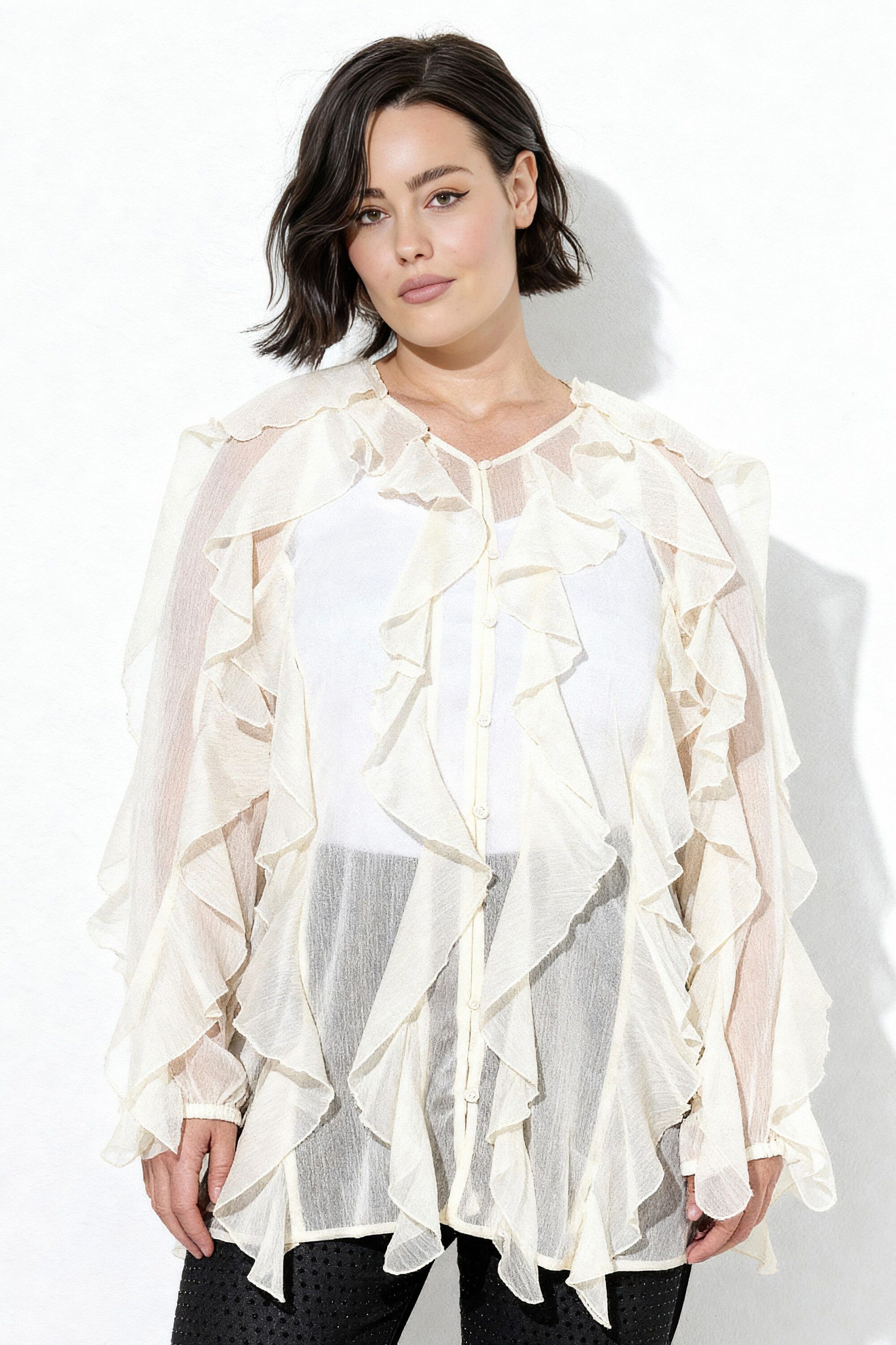 Ulla Popken Longbluse Bluse Volants A-Linie V-Ausschnitt Langarm