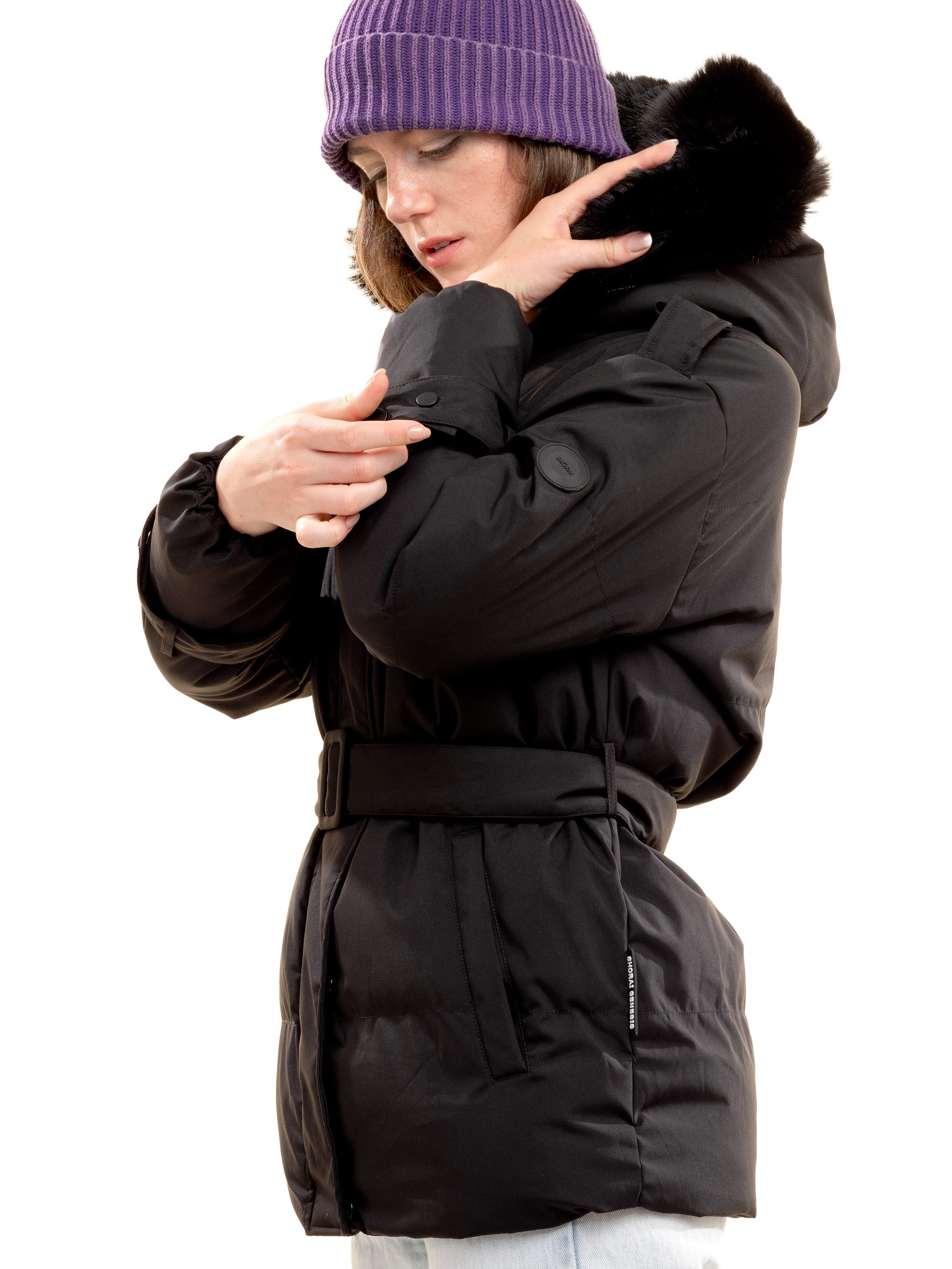 Shorai Steppjacke SH2404.601 abnehmbarer Kunstfellbesatz an der Kapuze, verstellbarer Taillengürtel