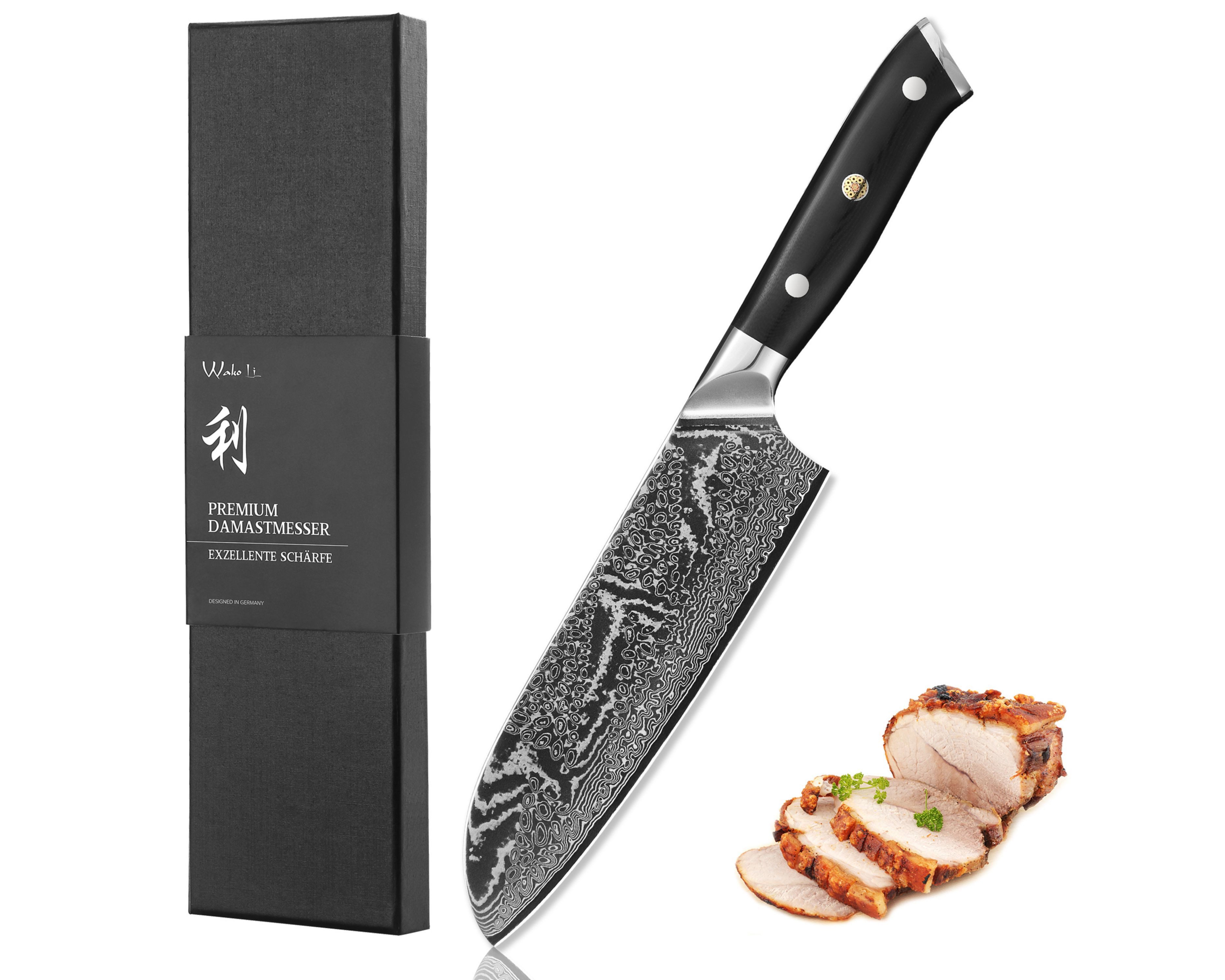 Wakoli Santokumesser Nitoko Damast Santoku Küchemesser 18 cm Klinge, G10-Griff Full Tang, aus 67 Lagen Damaststahl, VG10 Kern, Full Tang