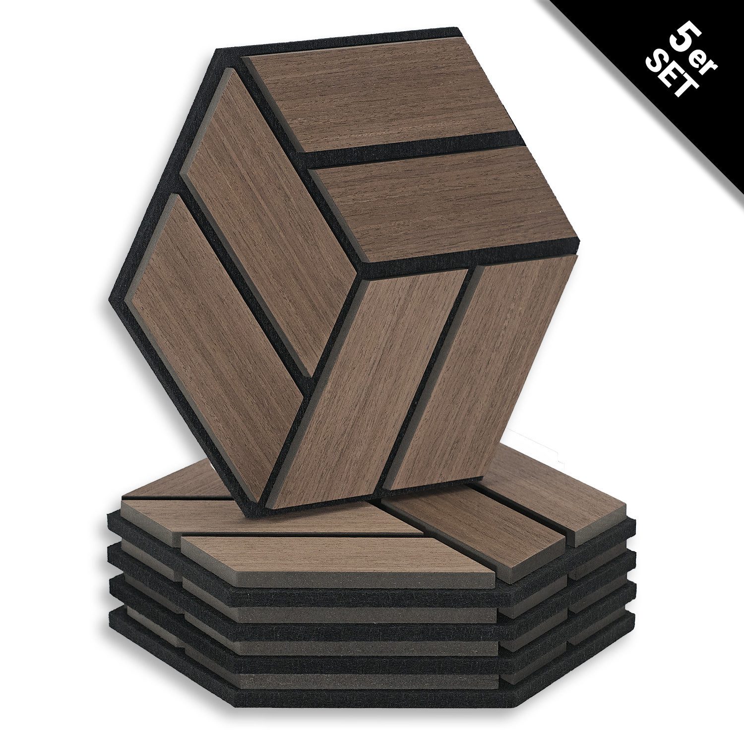 Homestyle4u Wandpaneel je 30x26 Hexagon Akustikpaneele Holz Schallschutz Filz Wand modern, (Set, 5er Set Akustikpaneele, 5-tlg) 3D Akustik Paneel Wandpaneel in Walnuss zum Kleben oder Bohren
