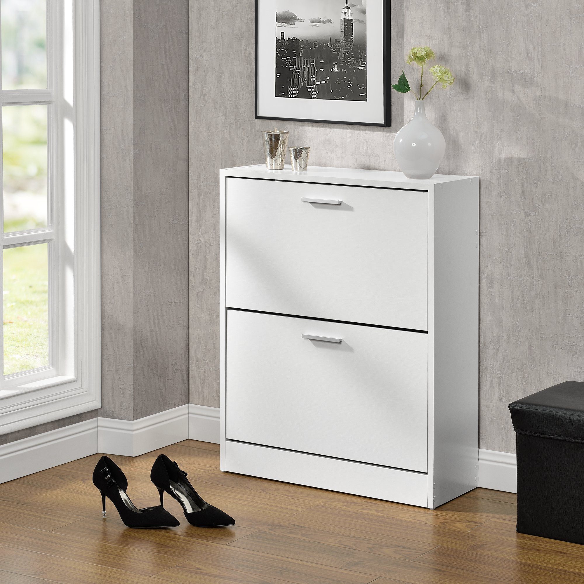 en.casa Schuhschrank »Wavre« Schuhkipper mit 2 Klappen 62x24x81cm weiß – Bild 3 von 5