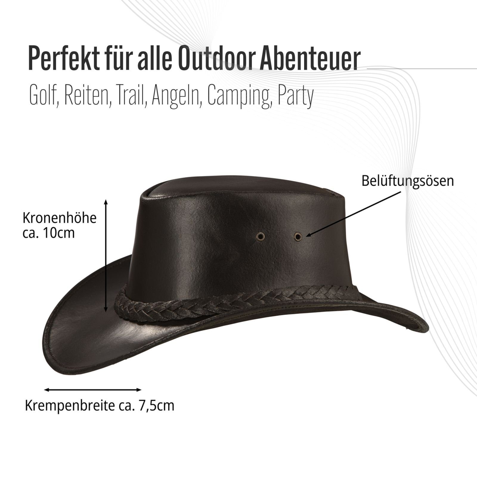 BLACK FOREST FOX Cowboyhut PERTH Unisex Western Cowboy Hut Reiten Leder Sonnenhut in 2 Farben Braun Größe S