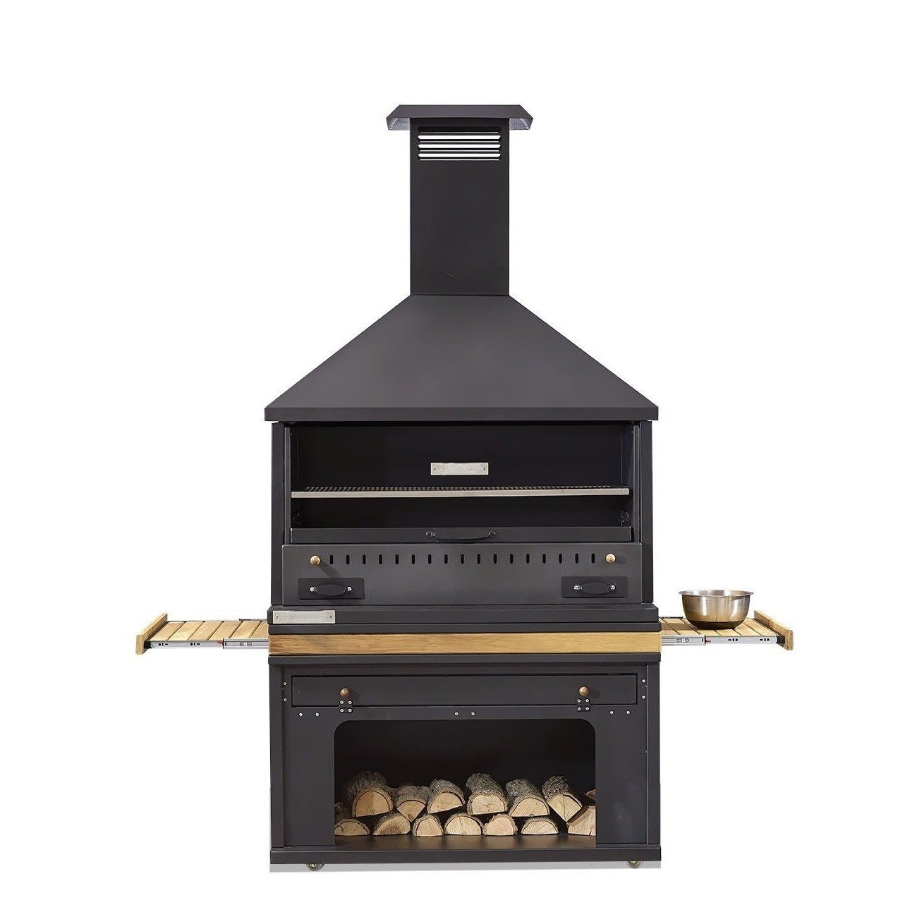 Xlmoebel Outdoor-Küche XLMOEBEL Grillkamin in Schwarz mit Holz- und Edelstahloberfläche, Made in Europa