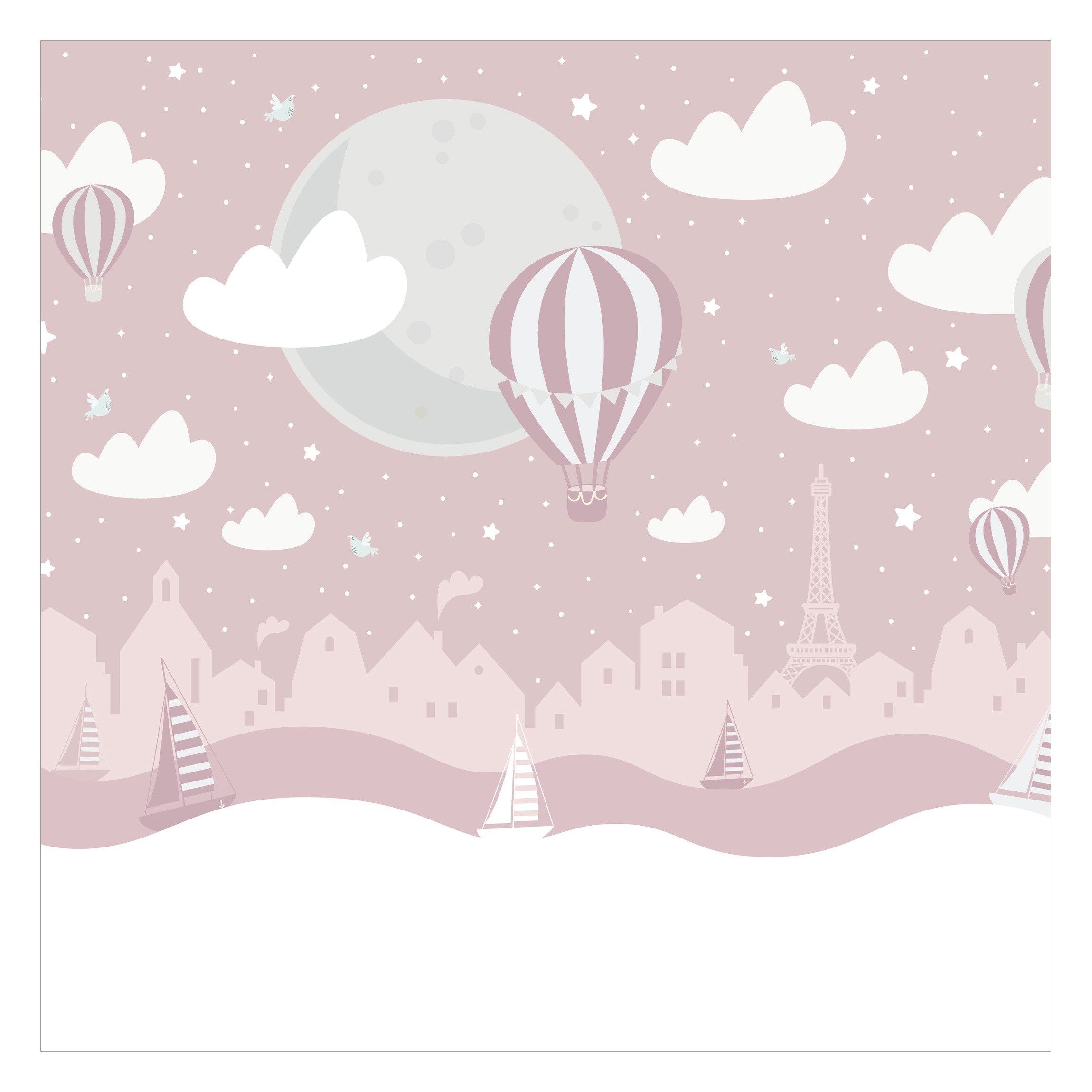Bilderdepot24 Kindertapete Kinderzimmer Paris Sterne Heißluftballon Rosa Kinder Wanddeko, Glatt, Matt, (Vliestapete inkl. Kleister oder selbstklebend), Mädchenzimmer Jungenzimmer Babyzimmer Bildtapete Fototapete Wandtapete