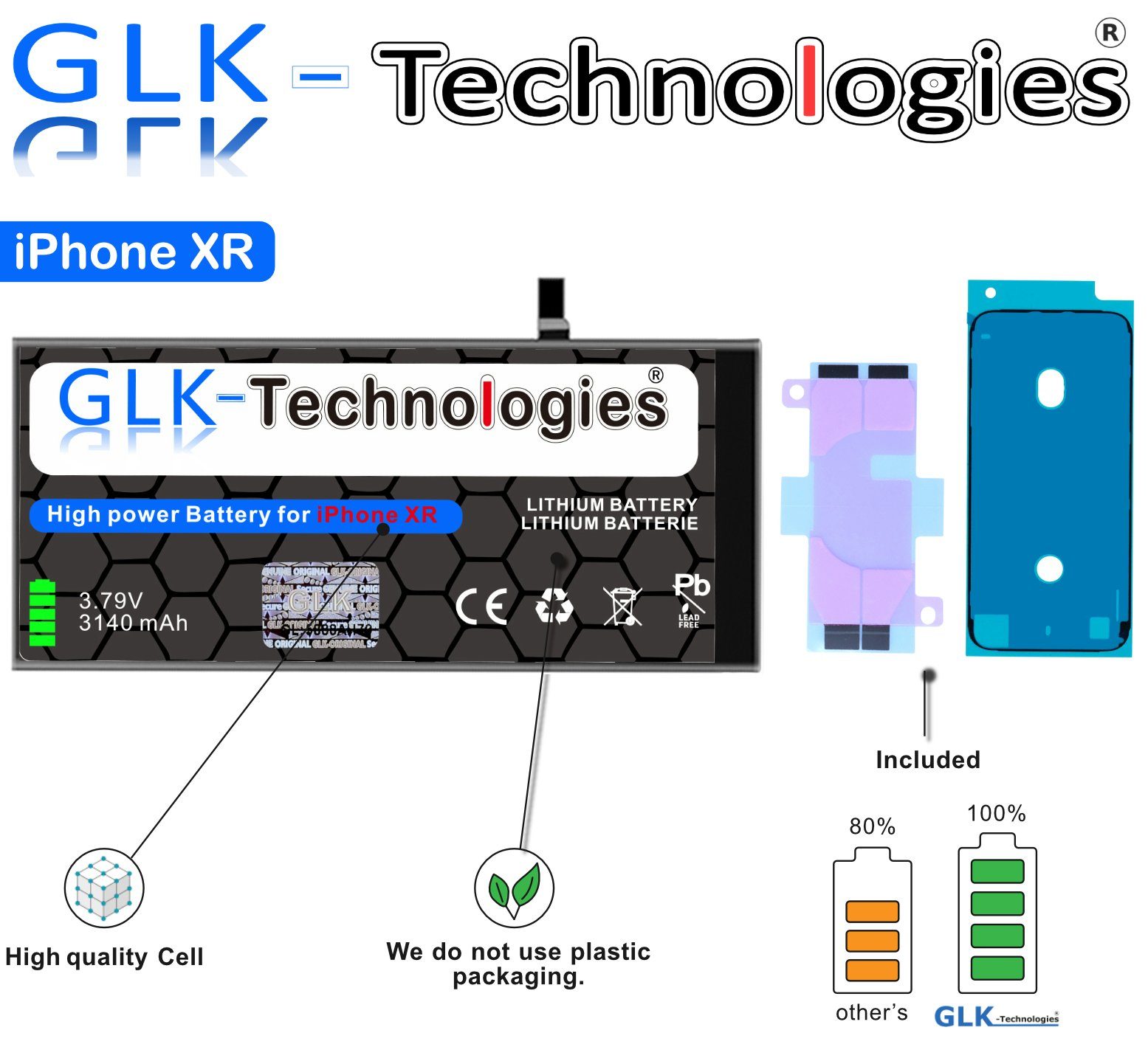 GLK-Technologies High Power Ersatz Klebebandsätze 2X Akku inkl. 3140 XR für mAh Smartphone-Akku (3,8 V) iPhone