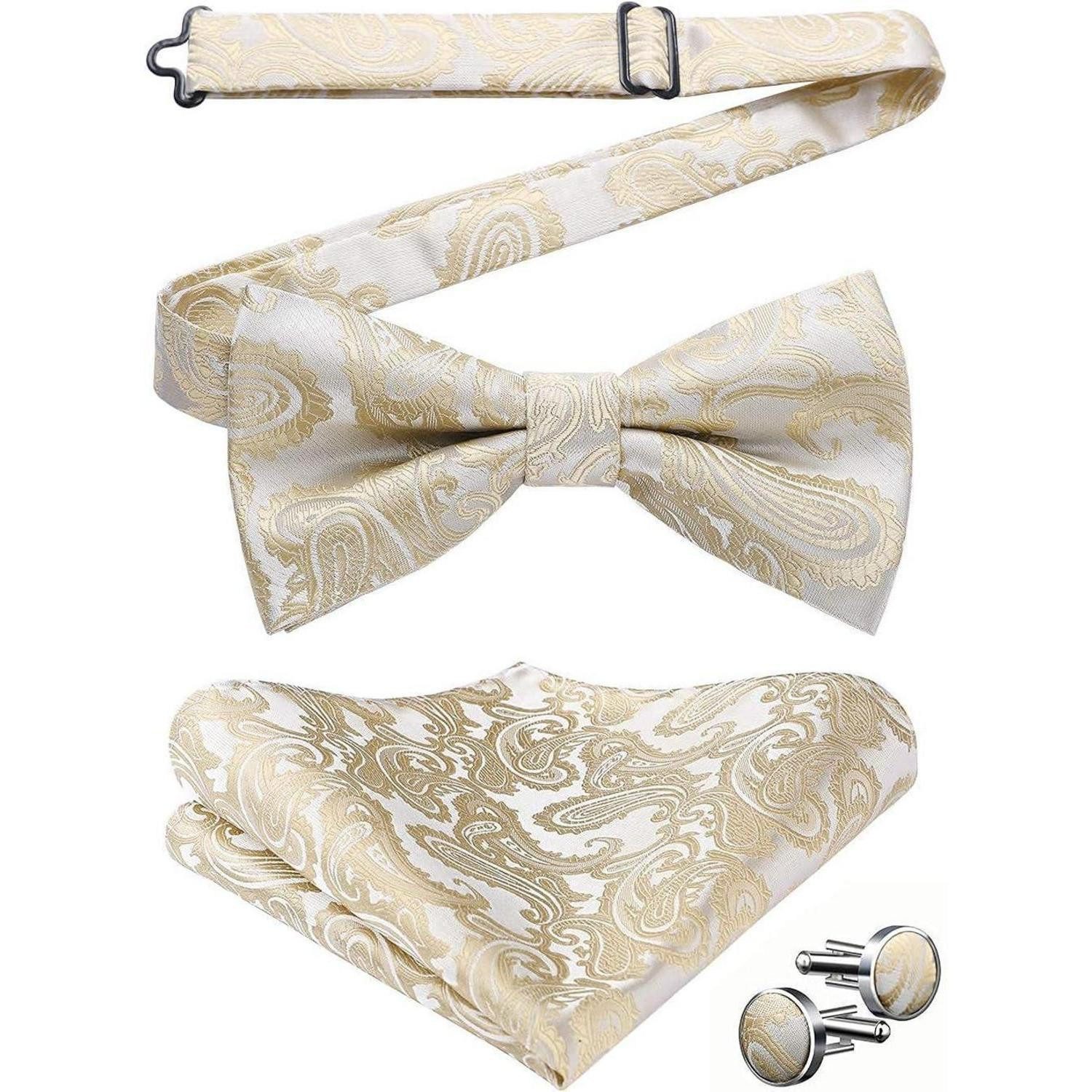 LuxusKollektion Fliege Fliege Herren Paisley Einstecktuch Manschettenknopf Set A1 Beige