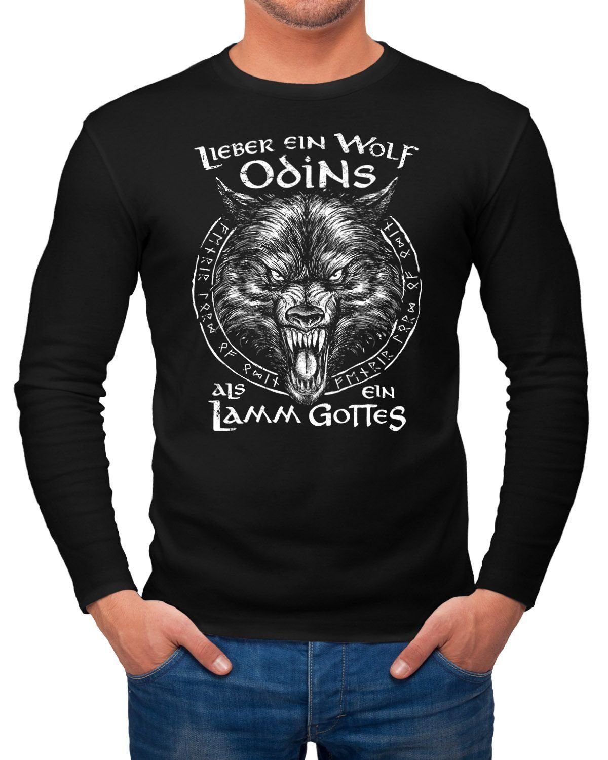 Longsleeve Herren Longsleeve Spruch Lieber ein Wolf Odins als ein Lamm Gottes Wikinger nordische Mythologie Fashion Streetstyle Neverless® mit Print