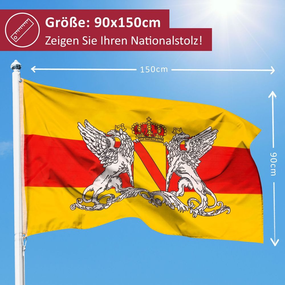 PHENO FLAGS Flagge Baden Flagge 90 x 150 cm Großherzogtum Fahne Landessiegel (Hissflagge für Fahnenmast), Inkl. 2 Messing Ösen