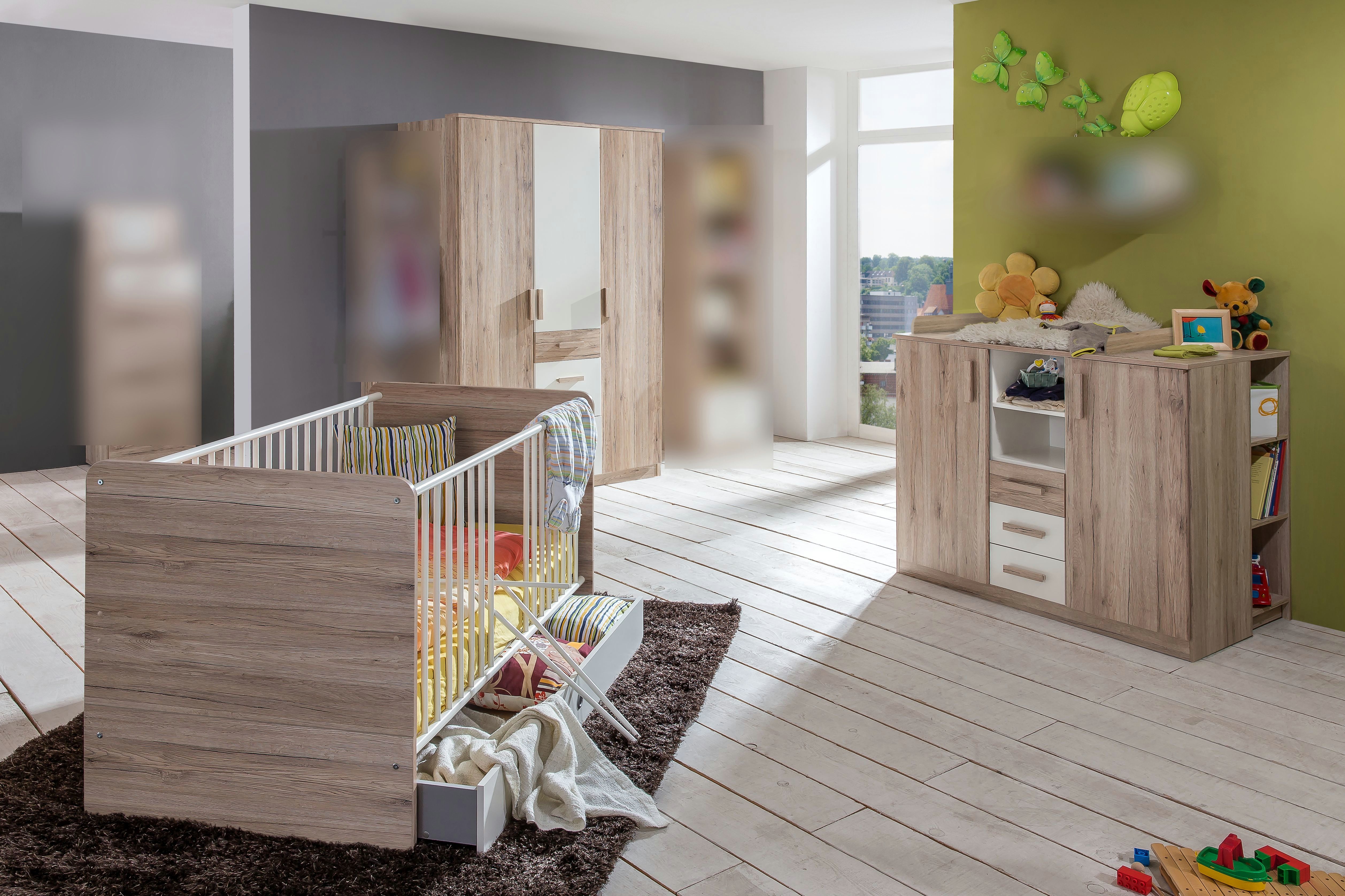 möbel-direkt.de Babyzimmer-Komplettset Cariba, (Komplett Set, 6-St., Schrank, Bett, Umbauseiten, Bettschubkasten, Wickelkommode, Regale), Made in Germany, Wickelkommode mit Soft Close