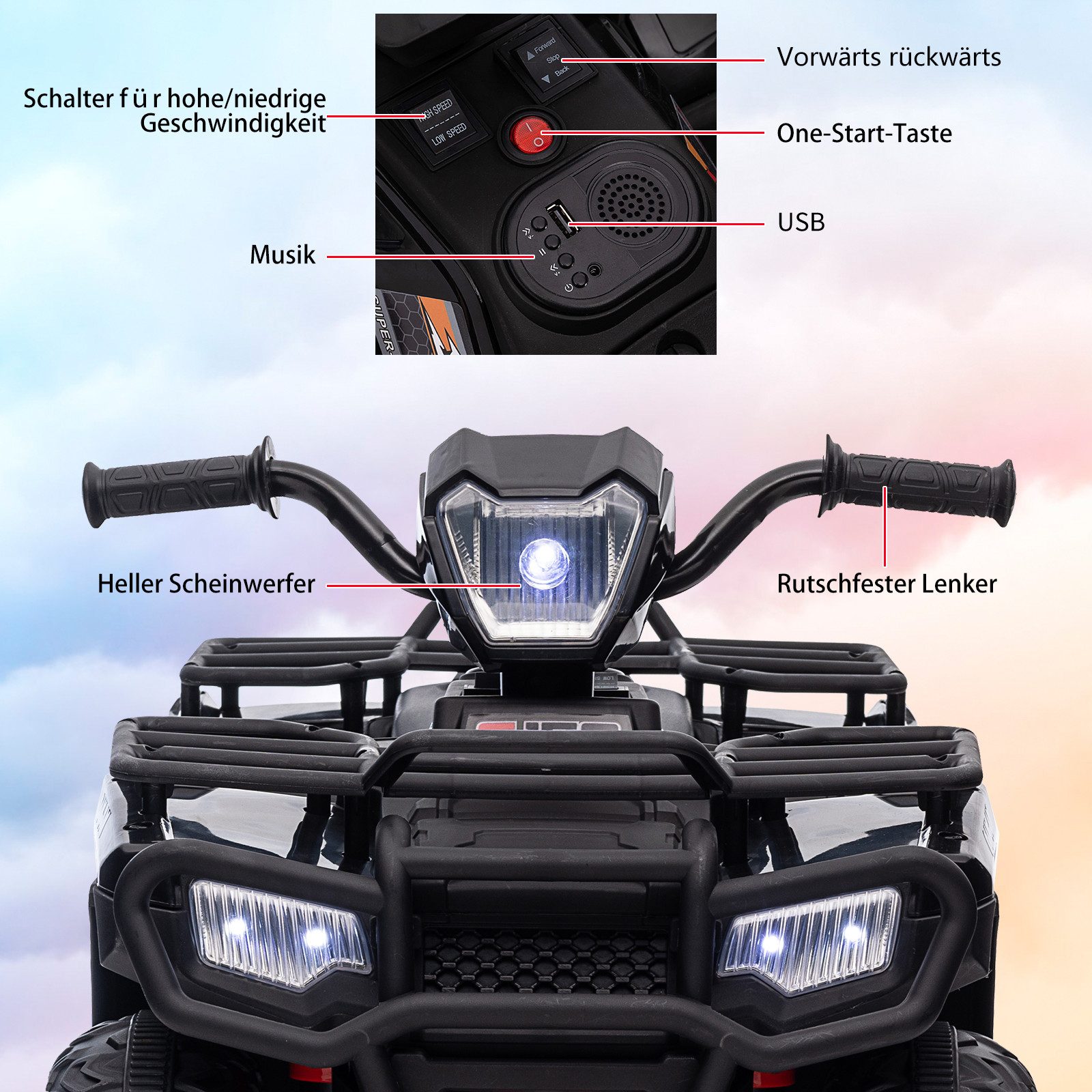 GarveeMore Elektro-Kinderquad 12V Elektro-Quad für Kinder – LED-Beleuchtung, USB-Musikwiedergabe