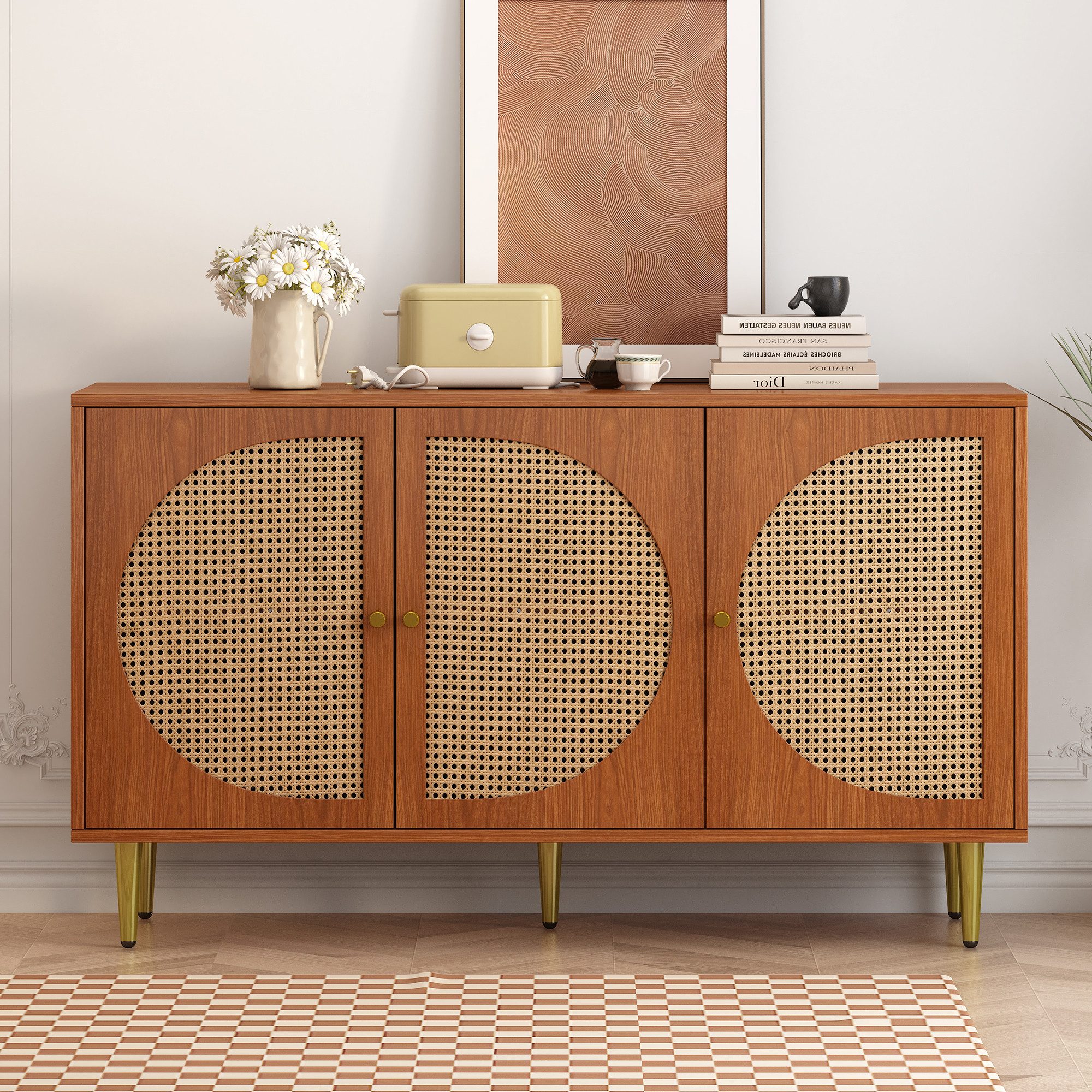 REDOM Sideboard Rattan-Sideboard mit 3 Türen und verstellbaren Regalen (Woh günstig online kaufen