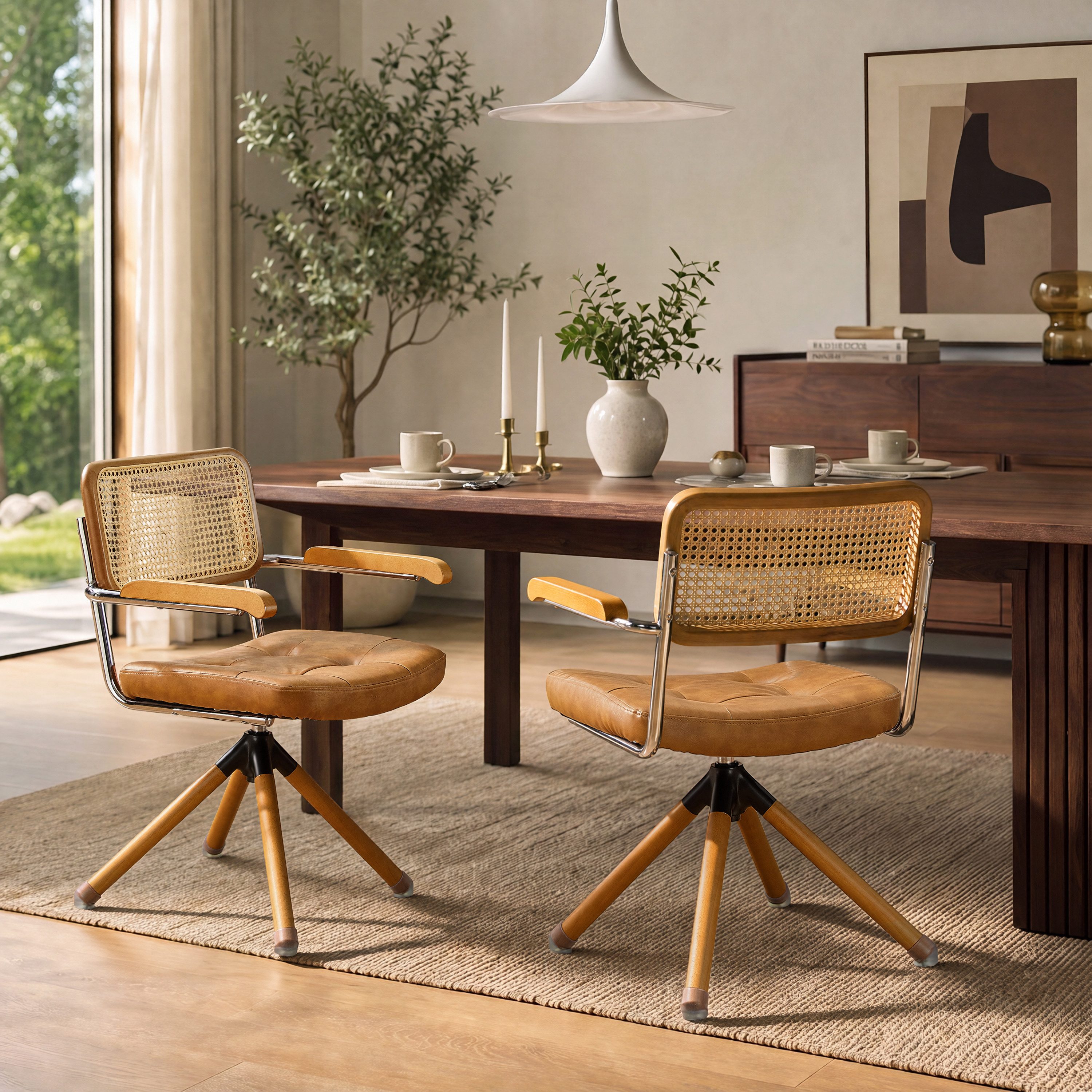 Art Leon Esszimmerstuhl CC058-New (Bürostuhl ohne Rollen, Rattanstuhl Esszimmerstuhl Mid‑Century Modern Drehstuhl mit Buchenholzbeinen, Kunstleder gepolsterter Akzentsessel mit Wiener Geflecht, für Home Office Wohnzimmer, Braun/Grün/Schwarz, 2 St), Kunstleder gepolsterter Bürostuhl mit Holzbeine