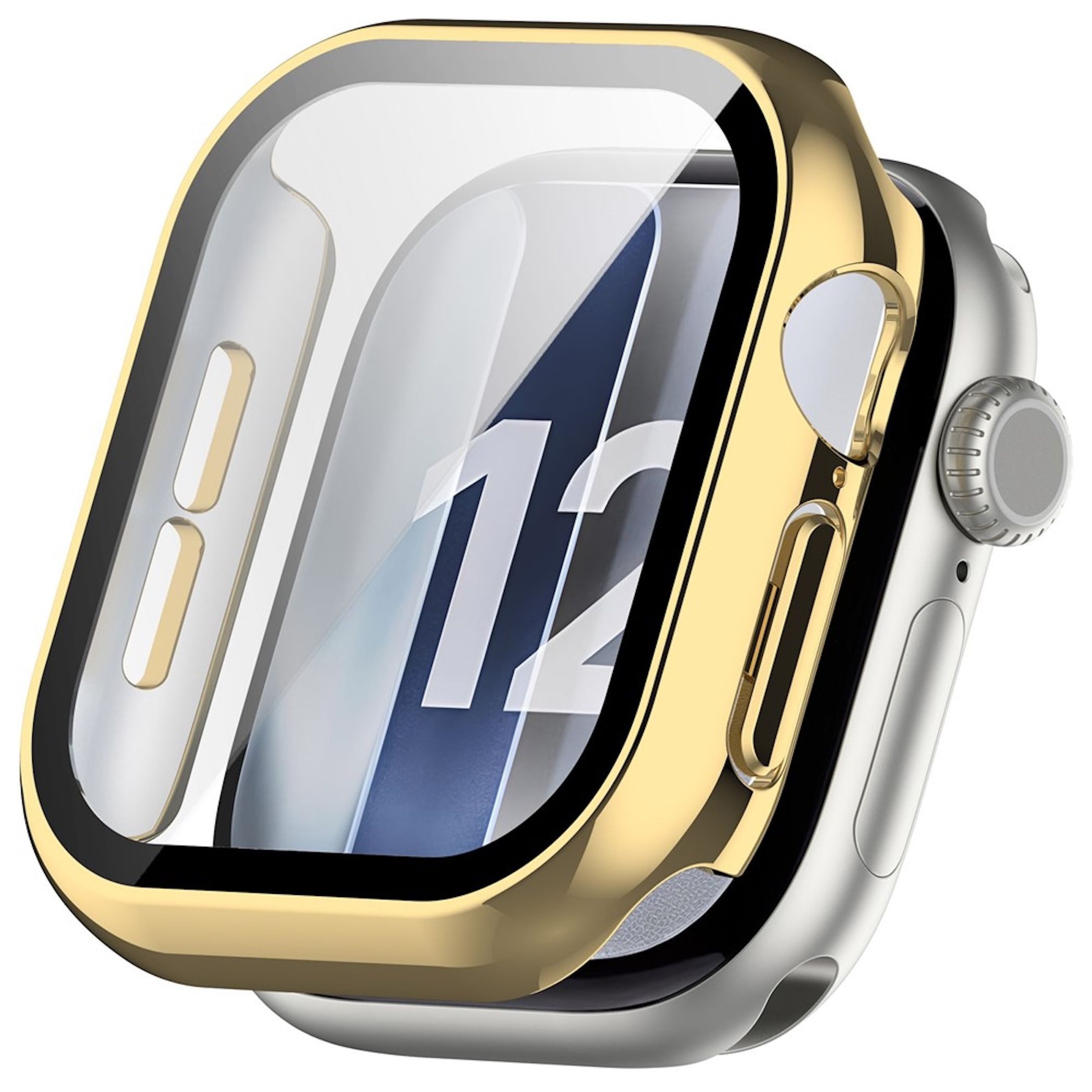 Wigento Smartwatch-Hülle + Schutzglas für Apple Watch Series 12 46mm Kunststoff Cover Gold, Schutzhülle aus PC + Hart Glas für Rundumschutz