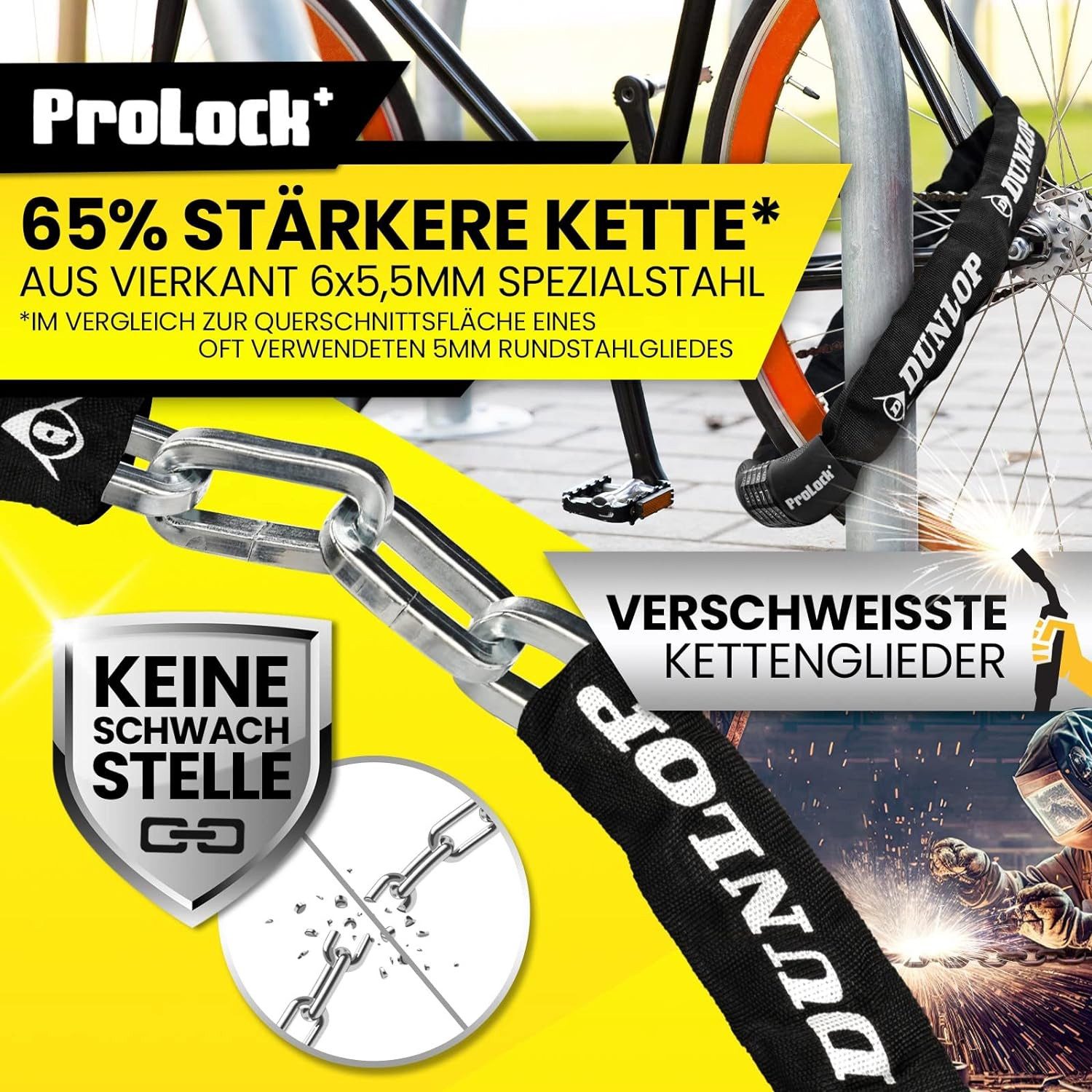 Dunlop Zahlenkettenschloss Fahrradschloss mit 5er Zahlencode Zahlenschloss Hohe Sicherheit 100 cm, verstärkter Stahl -Textilummantelung mit UV-Schutz