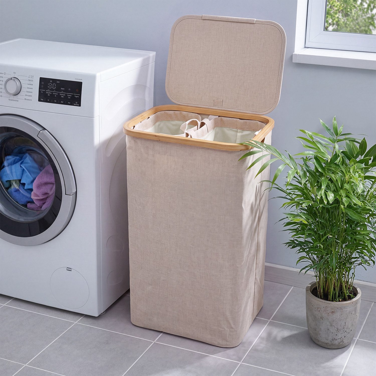Björn&Schiller Wäschekorb Wäschesammler mit Deckel Oxford-Gewebe, robust und leicht, mit 2 Fächern, 105 L ideal für Badezimmer