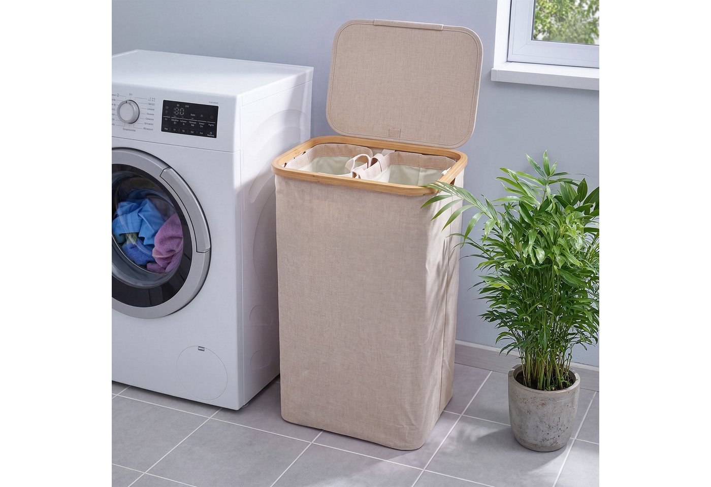 Björn&Schiller Wäschekorb Wäschesammler mit Deckel Oxford-Gewebe, robust und leicht, mit 2 Fächern, 105 L ideal für Badezimmer