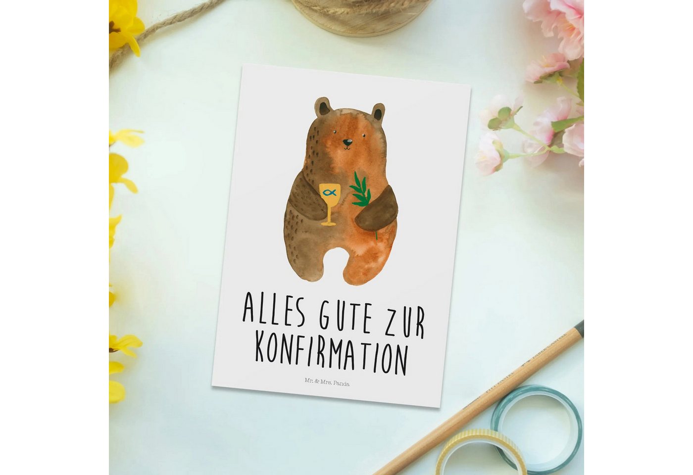 Thumbnail - Mr. & Mrs. Panda Postkarte Bär Konfirmation - Weiß - Geschenk, Einladungskarten Geburtstag, Tedd, Glänzende Vorderseite