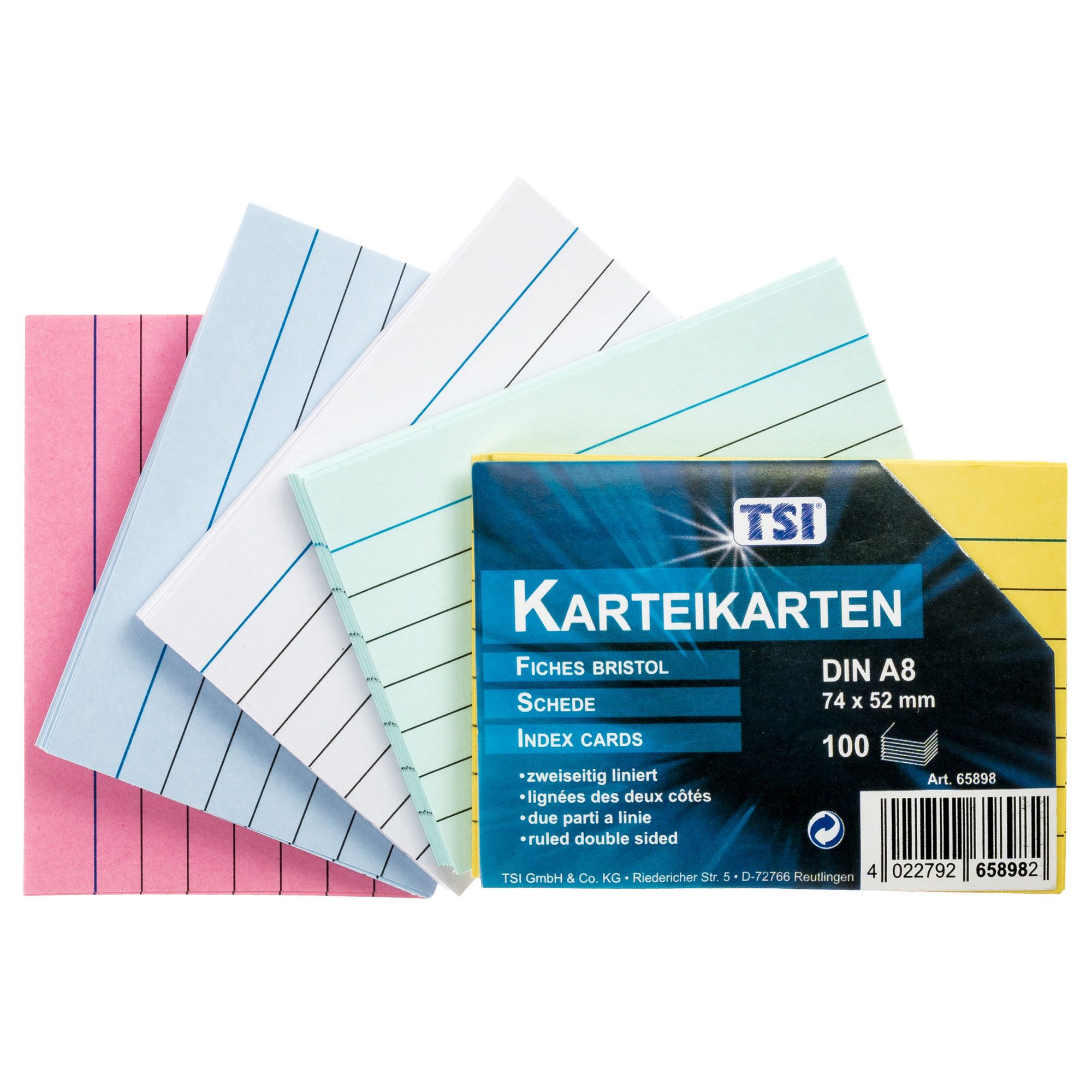 TSI Schreibwaren Karteikarten Karteikarten A8, 100 Stk. 5 Farben. liniert
