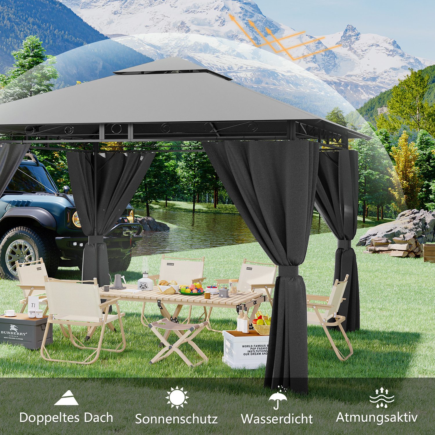 HOMALL Pavillon Winddicht und Wasserdicht, 300x300/300x400cm Pavillon für 4-8 Personen, mit 4 Seitenteilen, (mit LED-Beleuchtung(Akkus: 1 St) und ohne LED-Beleuchtung(Akkus: 0 St) 180G-PU-Polyester Abnehmbare Seitenwände), Patio Pavillon Für Garten, Terrasse & Hof