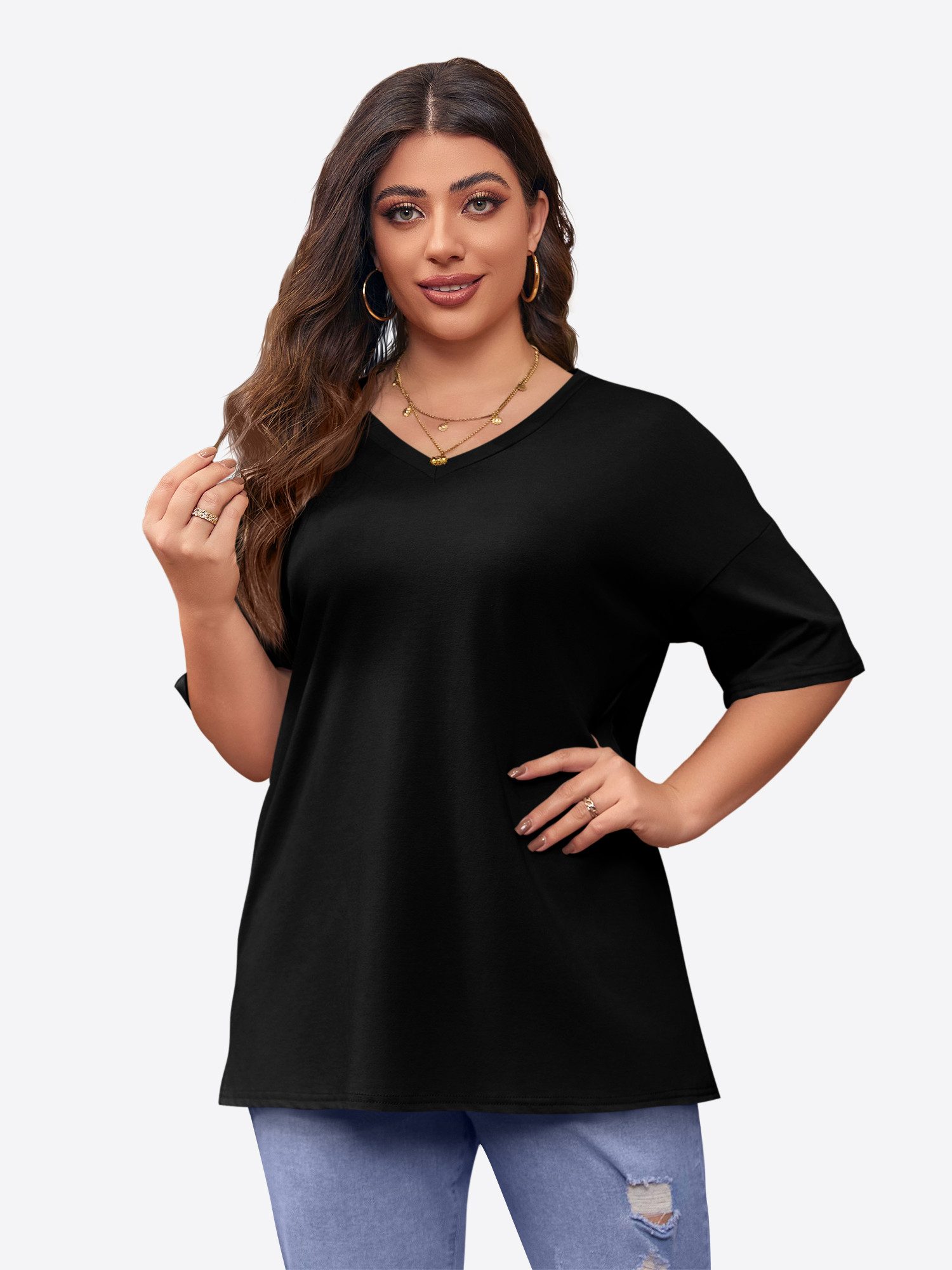 Imily Bela T-Shirt Damen Lockeres V-Ausschnitt Halbarm Loose Basic (Packung günstig online kaufen