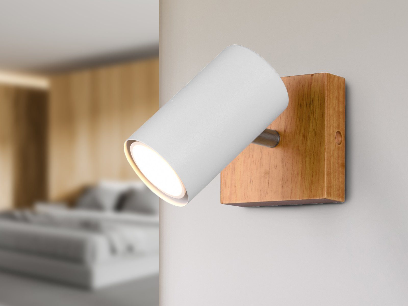 meineWunschleuchte LED Wandstrahler, Dimmfunktion, LED 16cm Bett, Weiß, / Holz-lampe matt Lese-lampe Höhe Weiß Wand-leuchte wechselbar, Warmweiß, Naturholz innen kleine