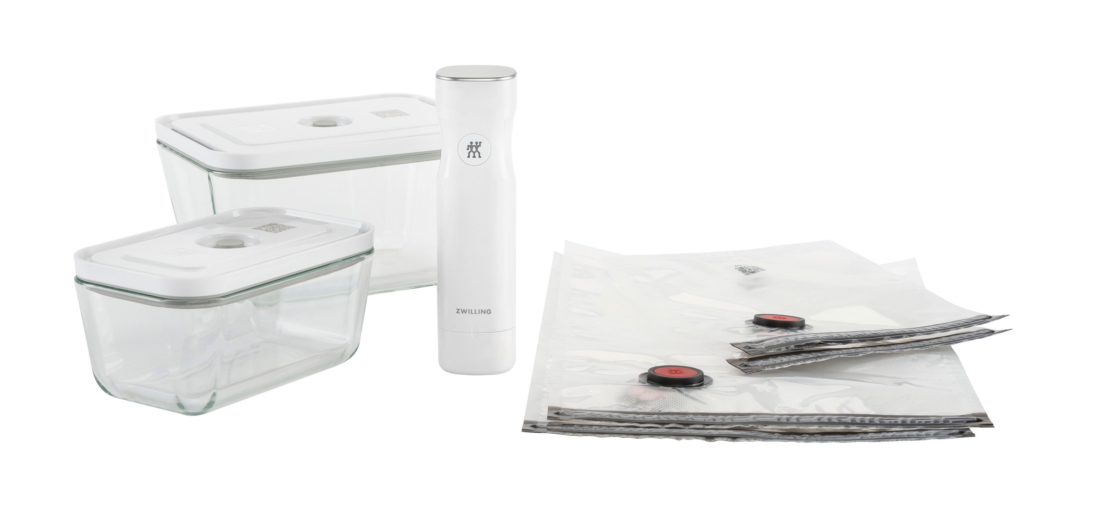 Zwilling Vakuumbehälter Fresh & Save, Glas, Kunststoff, Silikon, (Set, 7-tlg., Vakuumpumpe inkl. 2 Vakuumboxen & 4 Vakuumbeutel), Vakuum Starter-Set, Glas/Kunststoff, Spülmaschinengeeignet, Grey Line