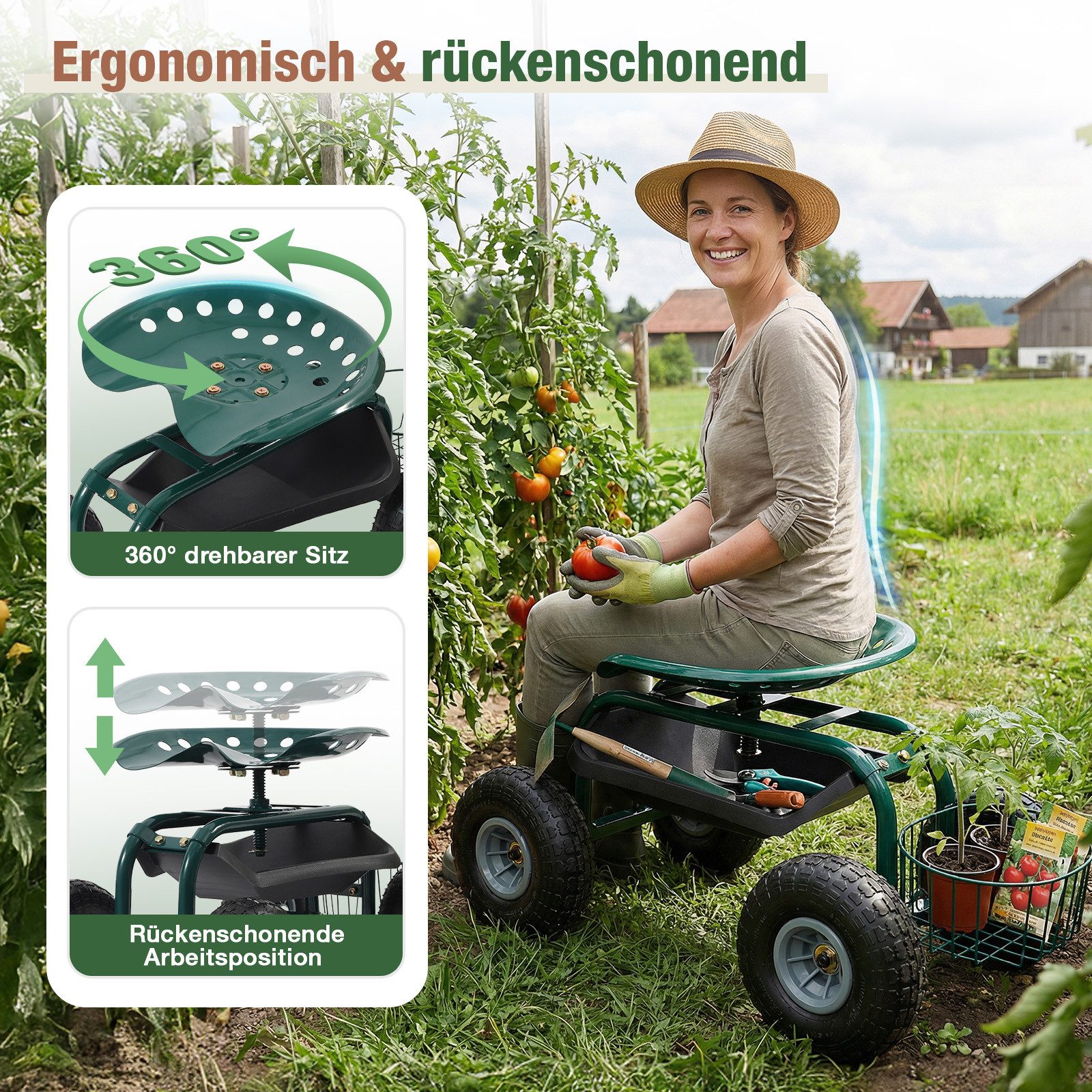 Sekey Kniebank Rollsitz Garten 360° drehbar mit Luftreifen Gartensitz Erntehilfe, Bis 180kg belastbar Gartenhocker mit Ablage für Beet Gewächshaus